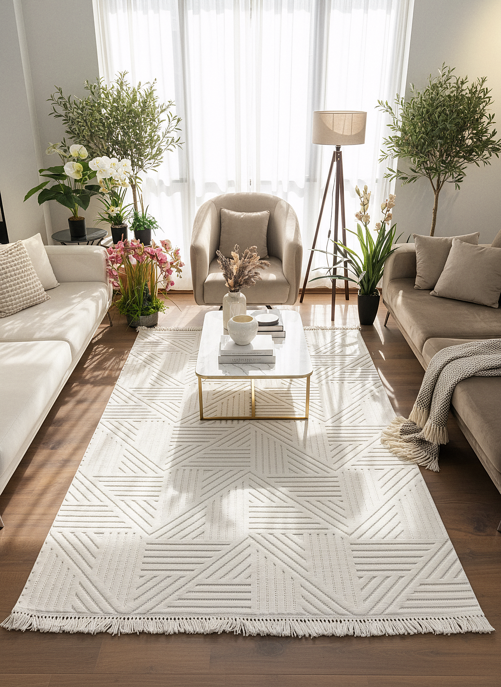 MİLAS C12-KREM Kabartmalı Modern Geometrik Desenli Salon Koridor Mutfak Halısı