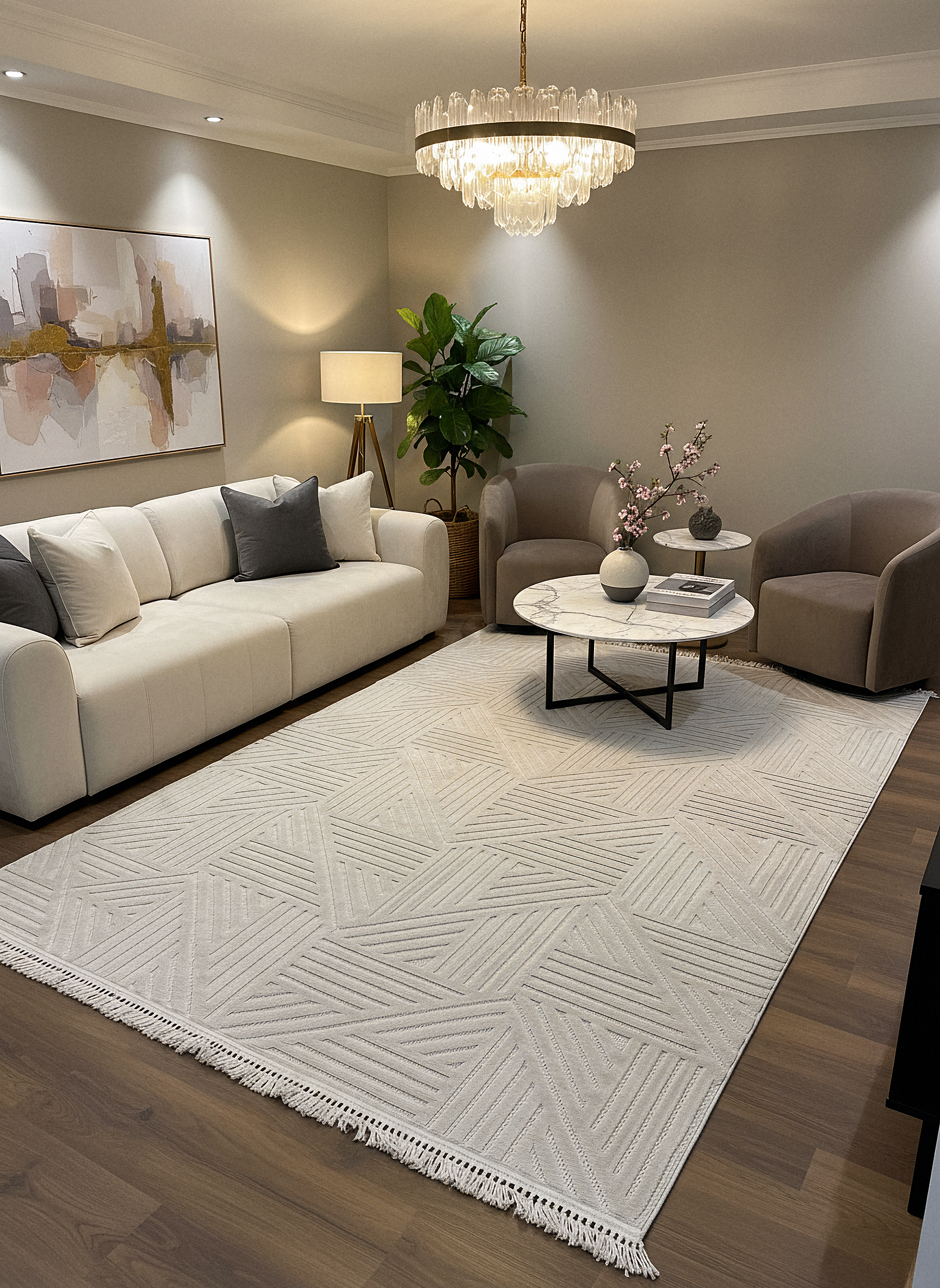 MİLAS C14-BEJ Kabartmalı Modern Geometrik Desenli Salon Koridor Mutfak Halısı