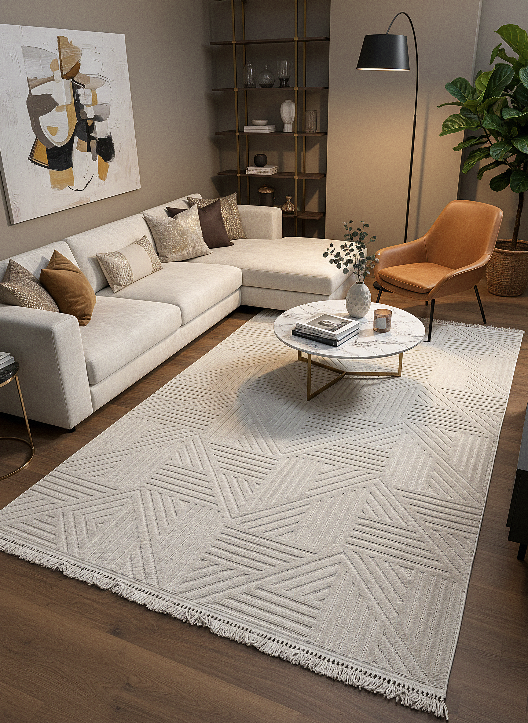 MİLAS C14-BEJ Kabartmalı Modern Geometrik Desenli Salon Koridor Mutfak Halısı