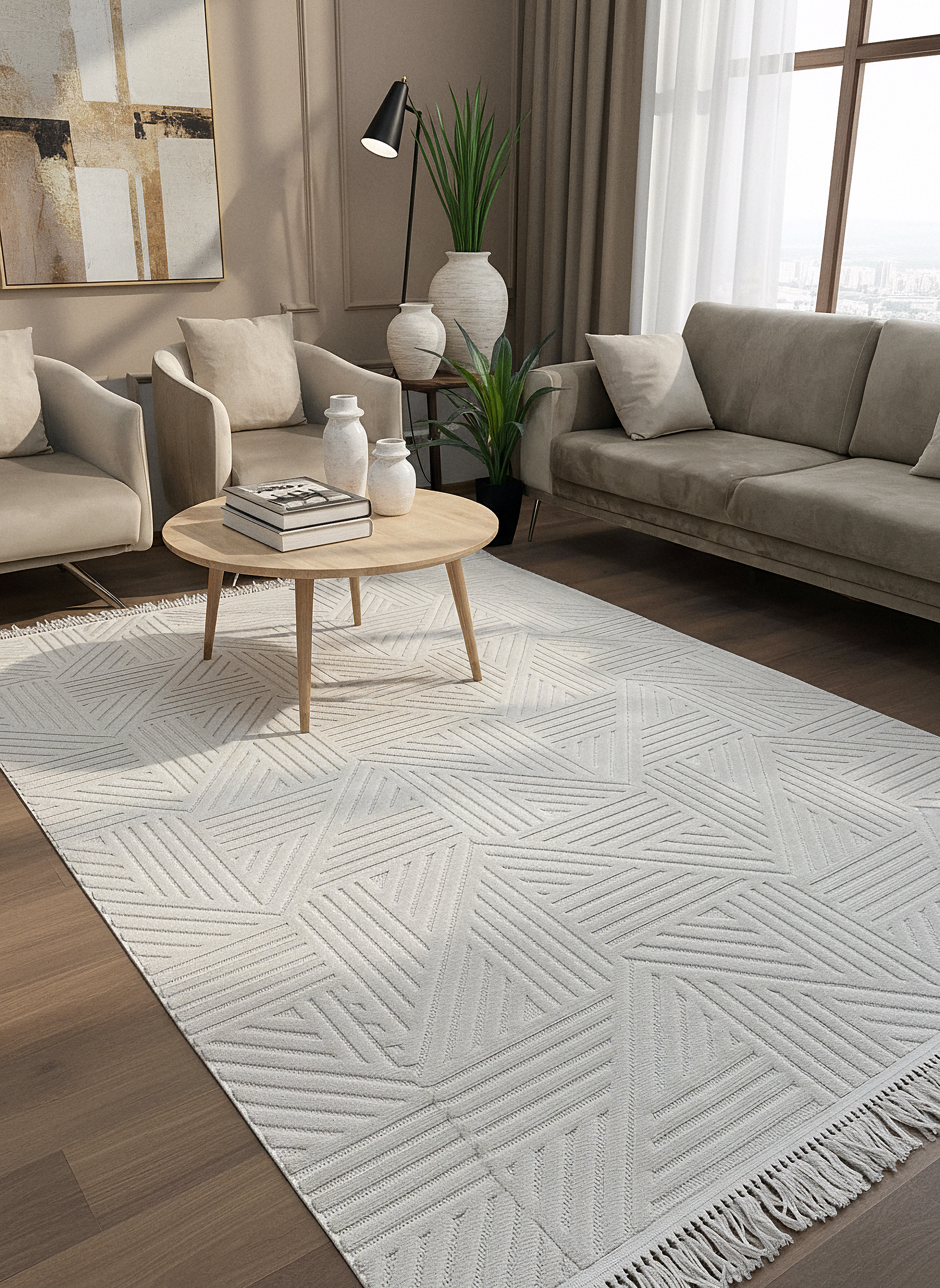 MİLAS C14-BEJ Kabartmalı Modern Geometrik Desenli Salon Koridor Mutfak Halısı