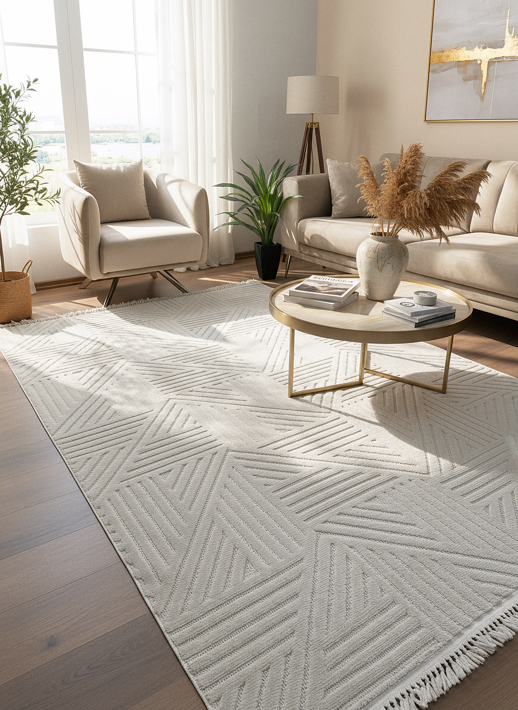 MİLAS C14-BEJ Kabartmalı Modern Geometrik Desenli Salon Koridor Mutfak Halısı