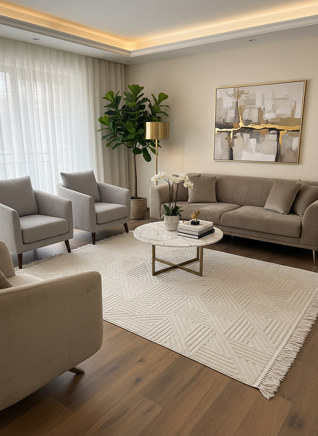 MİLAS C14-BEJ Kabartmalı Modern Geometrik Desenli Salon Koridor Mutfak Halısı