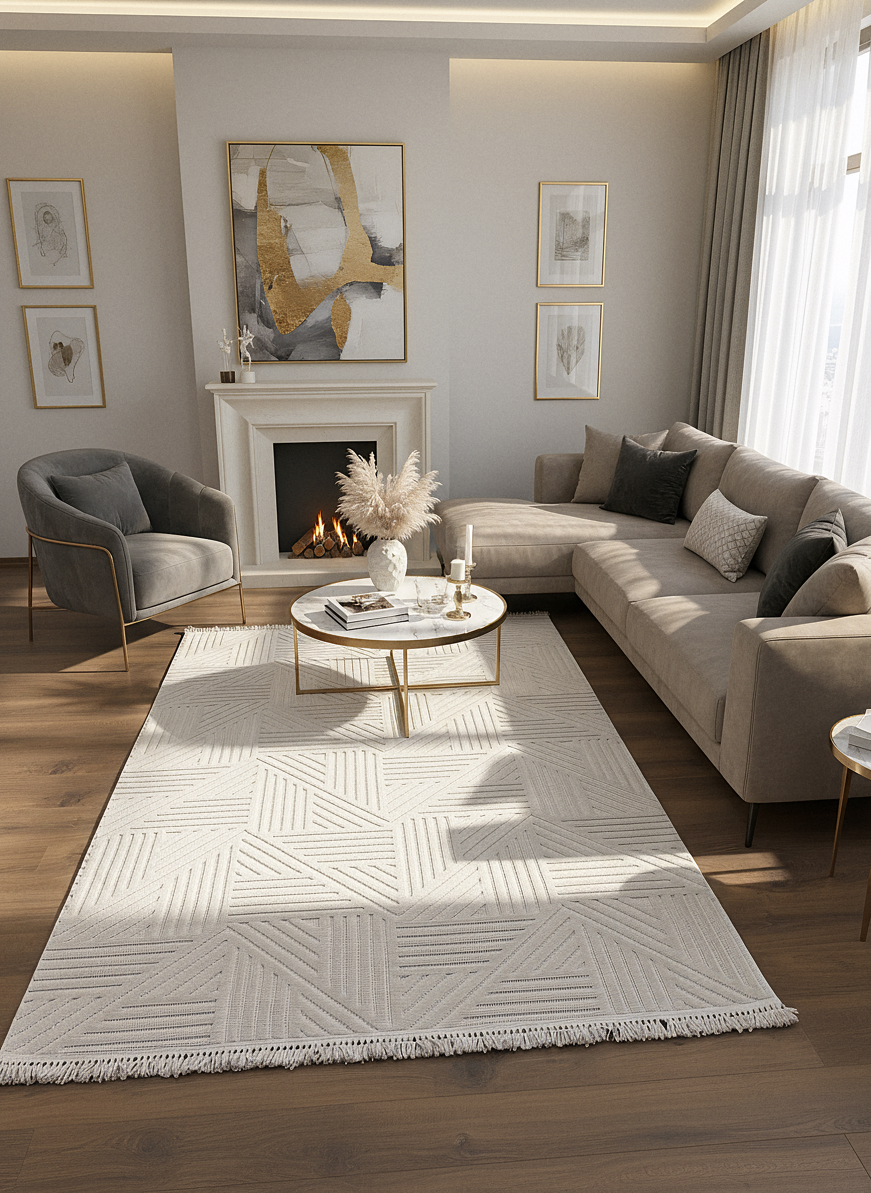 MİLAS C14-BEJ Kabartmalı Modern Geometrik Desenli Salon Koridor Mutfak Halısı