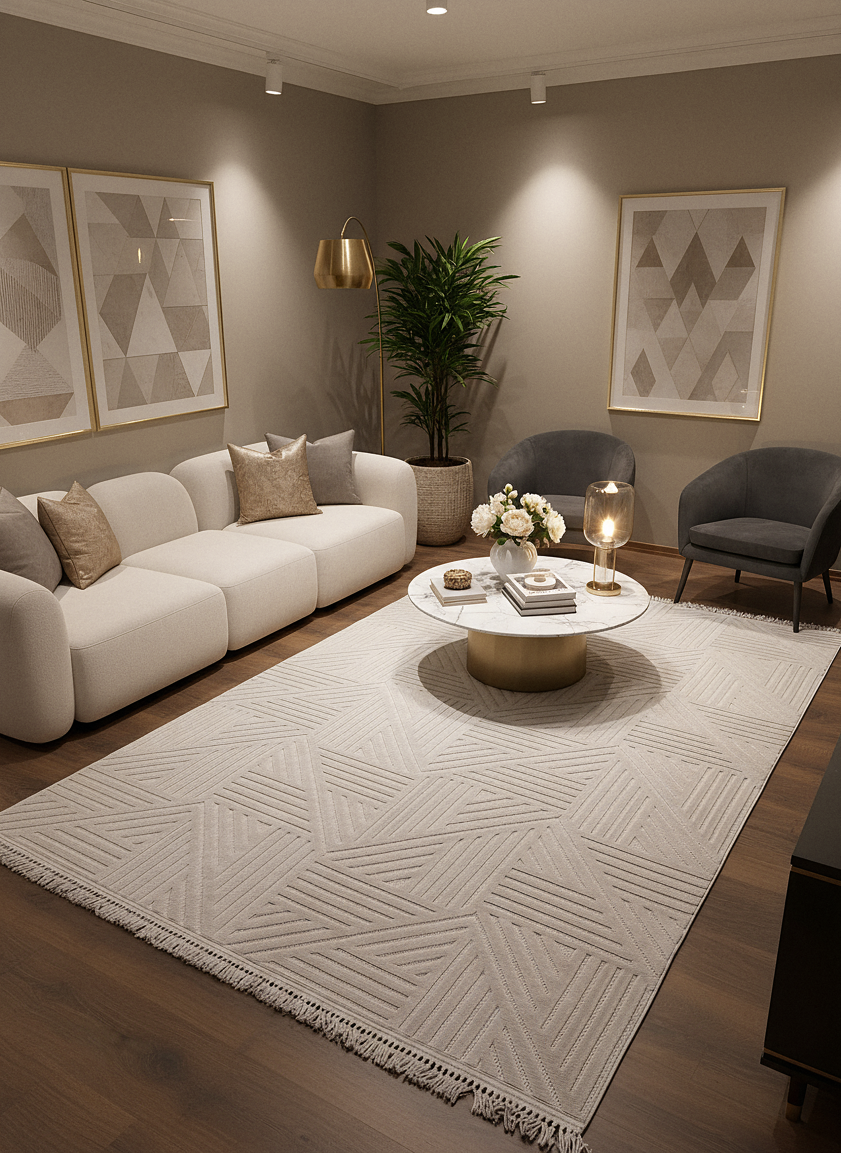 MİLAS C14-BEJ Kabartmalı Modern Geometrik Desenli Salon Koridor Mutfak Halısı