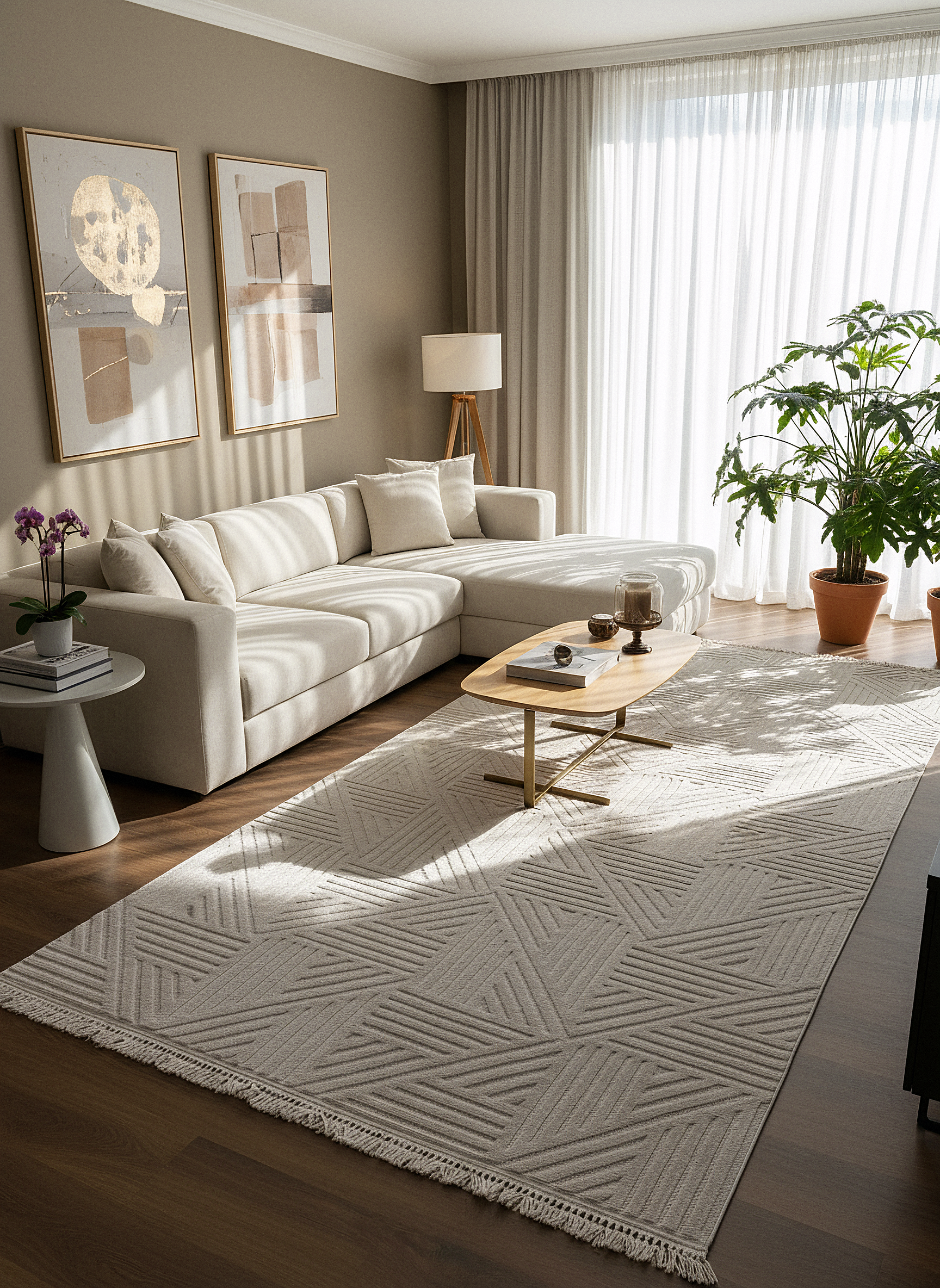 MİLAS C14-BEJ Kabartmalı Modern Geometrik Desenli Salon Koridor Mutfak Halısı