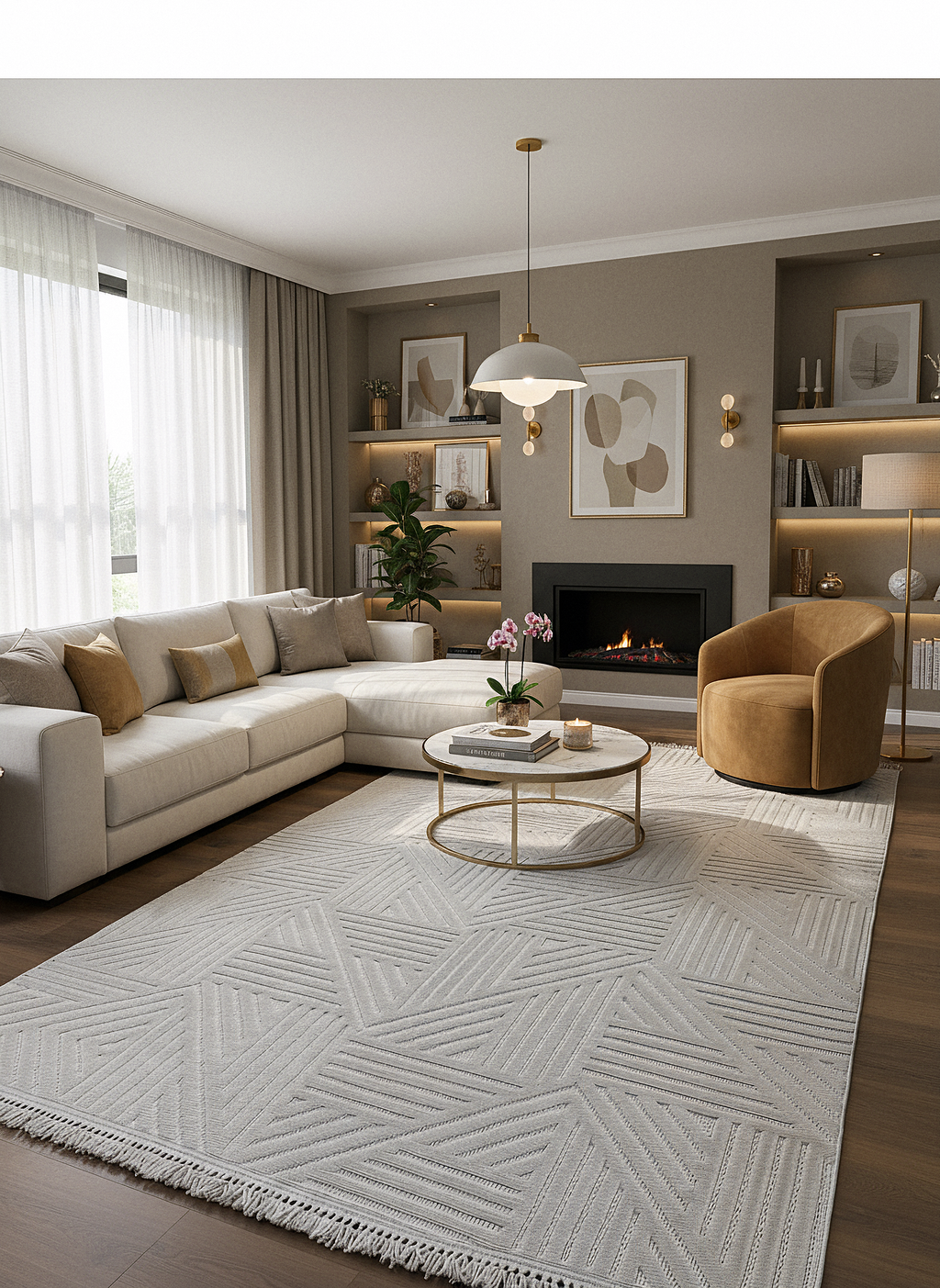 MİLAS C14-BEJ Kabartmalı Modern Geometrik Desenli Salon Koridor Mutfak Halısı