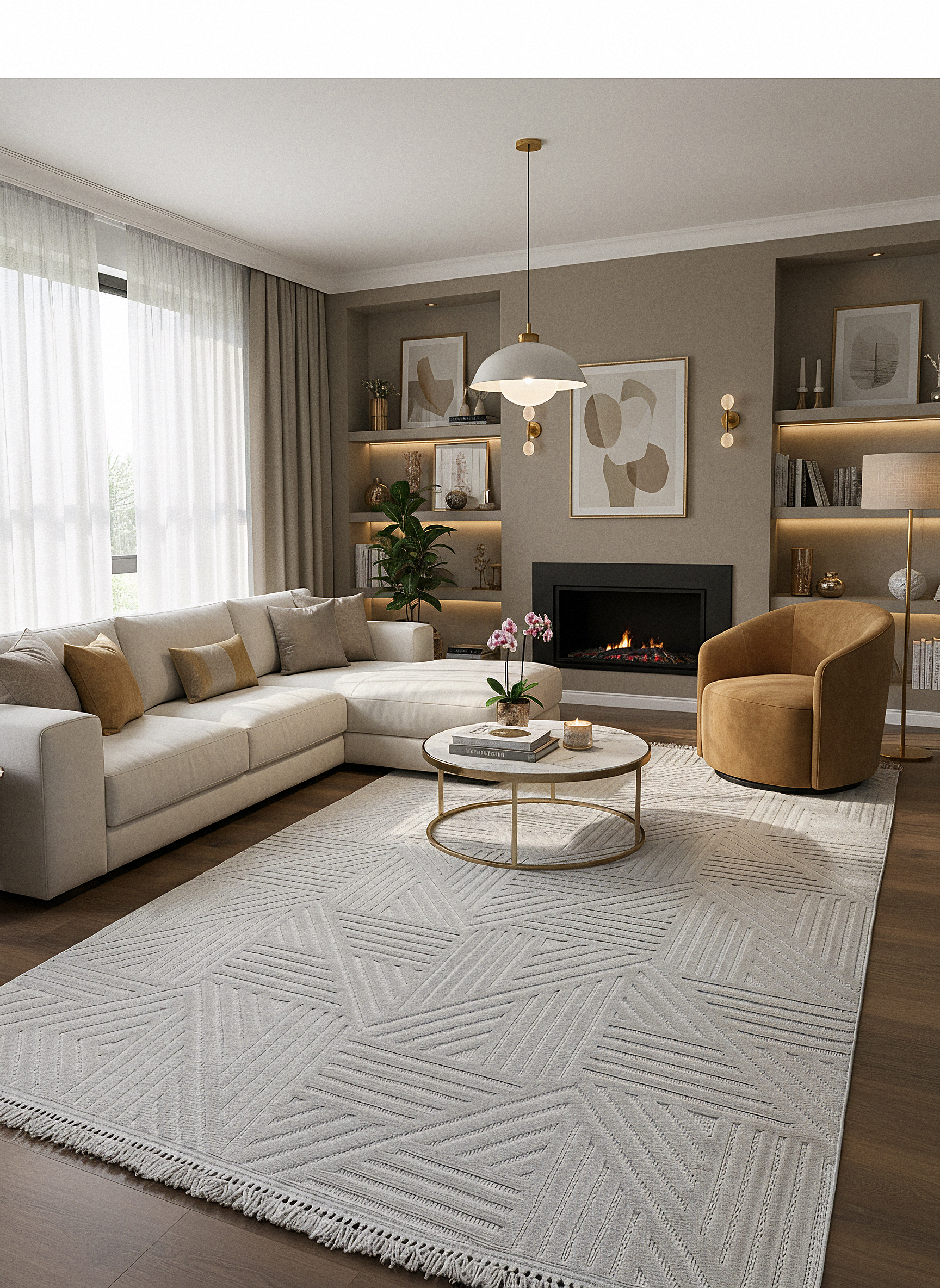 MİLAS C14-BEJ Kabartmalı Modern Geometrik Desenli Salon Koridor Mutfak Halısı