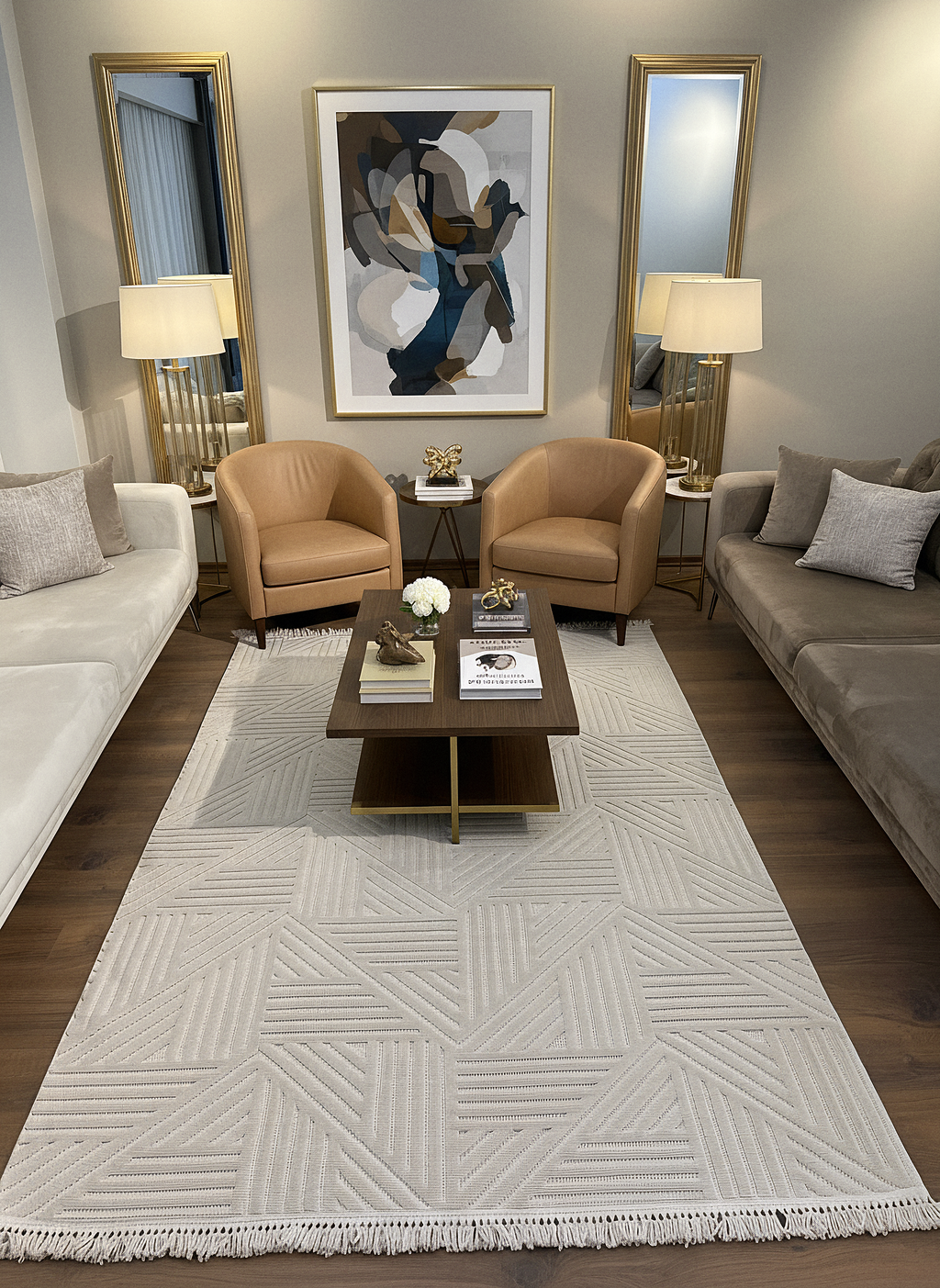 MİLAS C14-BEJ Kabartmalı Modern Geometrik Desenli Salon Koridor Mutfak Halısı