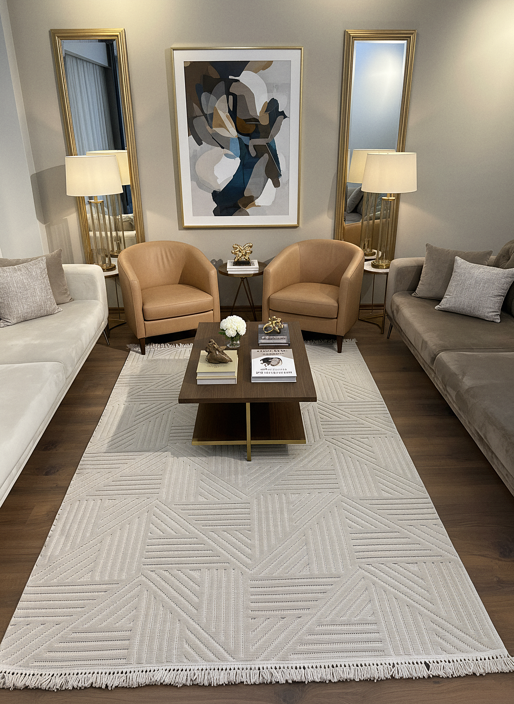 MİLAS C14-BEJ Kabartmalı Modern Geometrik Desenli Salon Koridor Mutfak Halısı