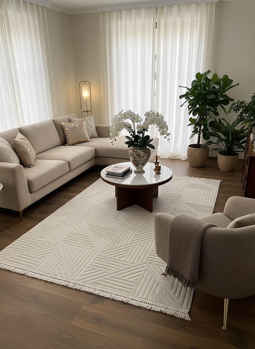 MİLAS C14-BEJ Kabartmalı Modern Geometrik Desenli Salon Koridor Mutfak Halısı