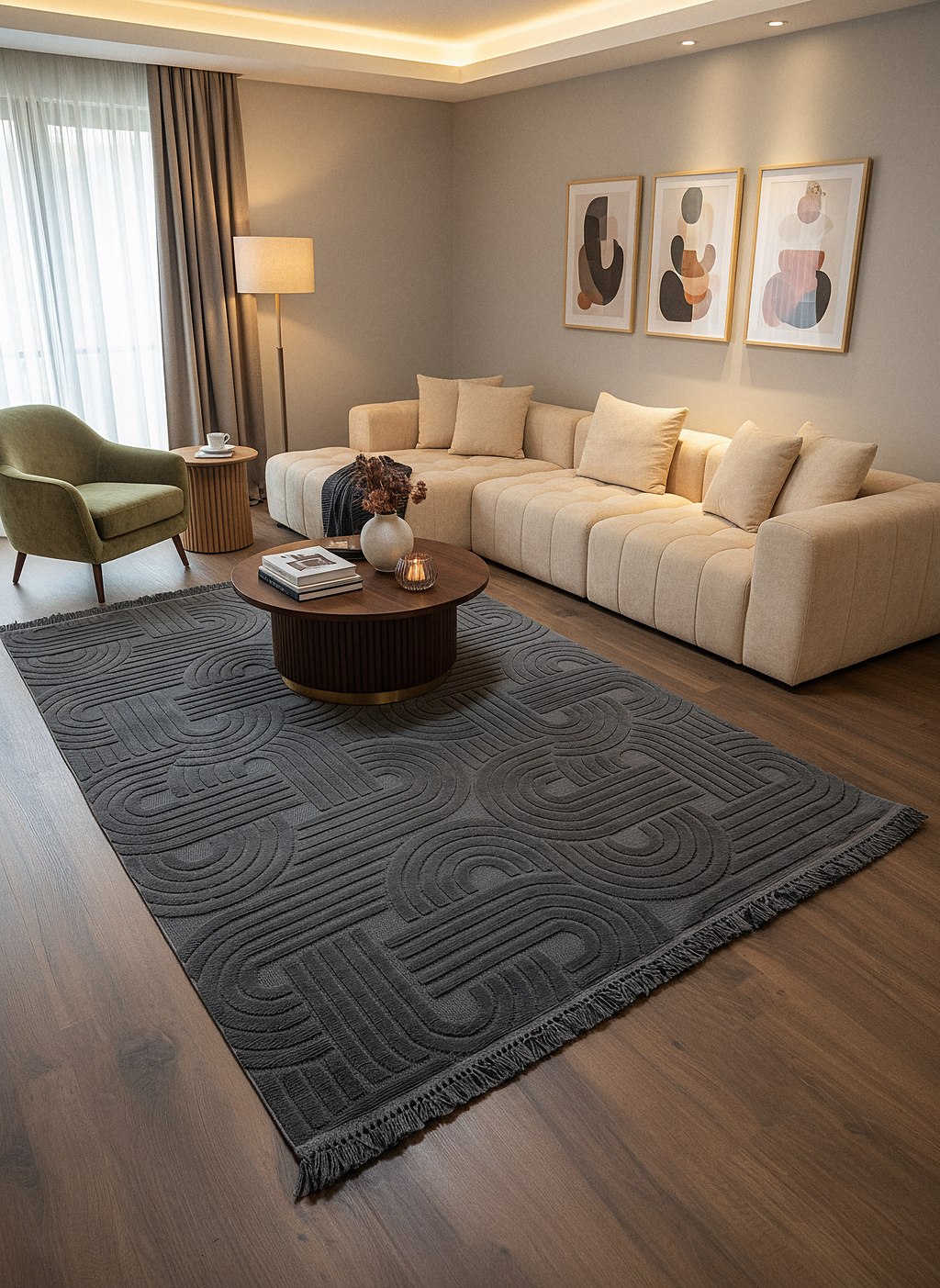 MİLAS C16-ANTRASİT Kabartmalı Modern Geometrik Desenli Salon Koridor Mutfak Halısı