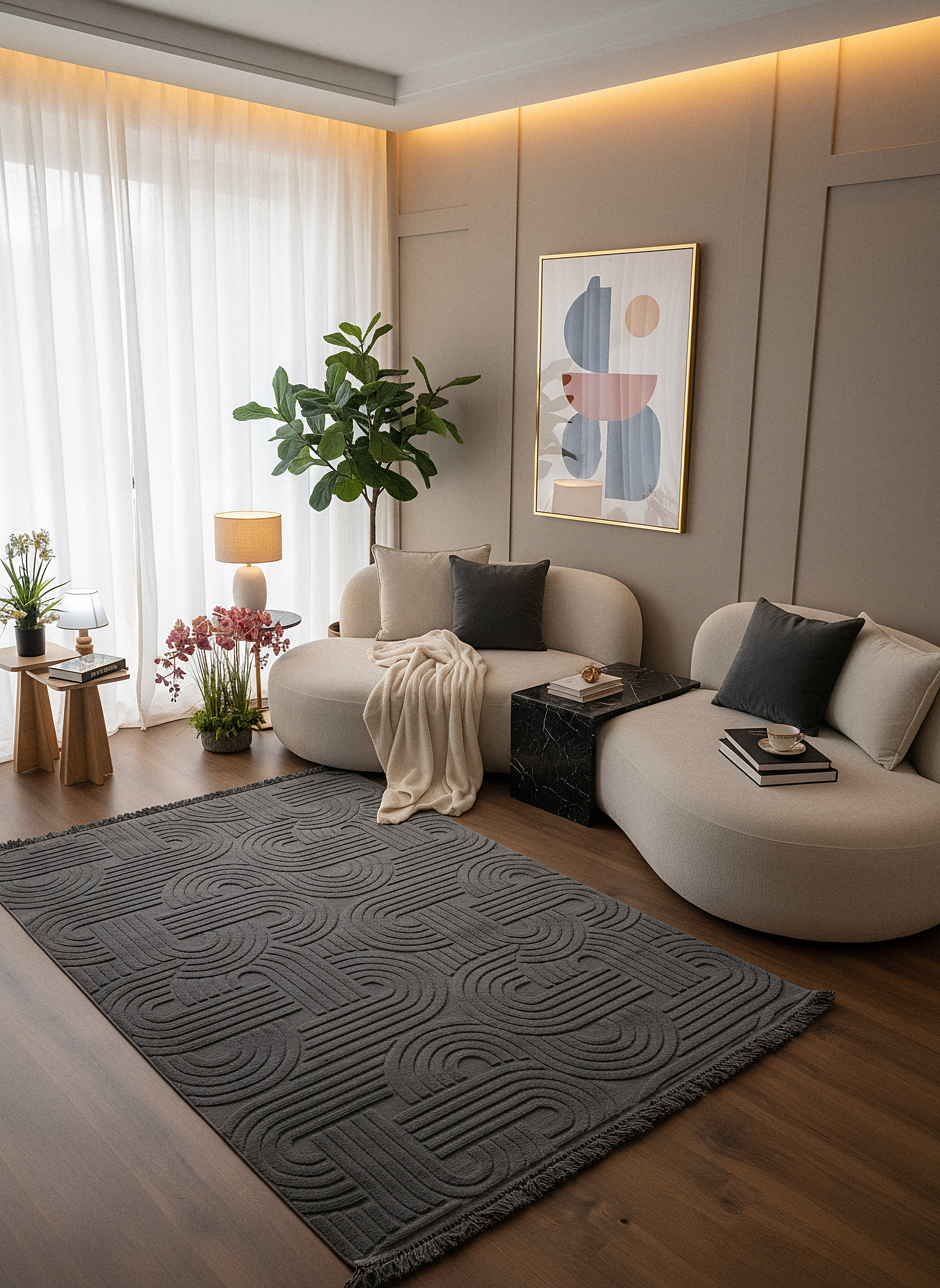 MİLAS C16-ANTRASİT Kabartmalı Modern Geometrik Desenli Salon Koridor Mutfak Halısı