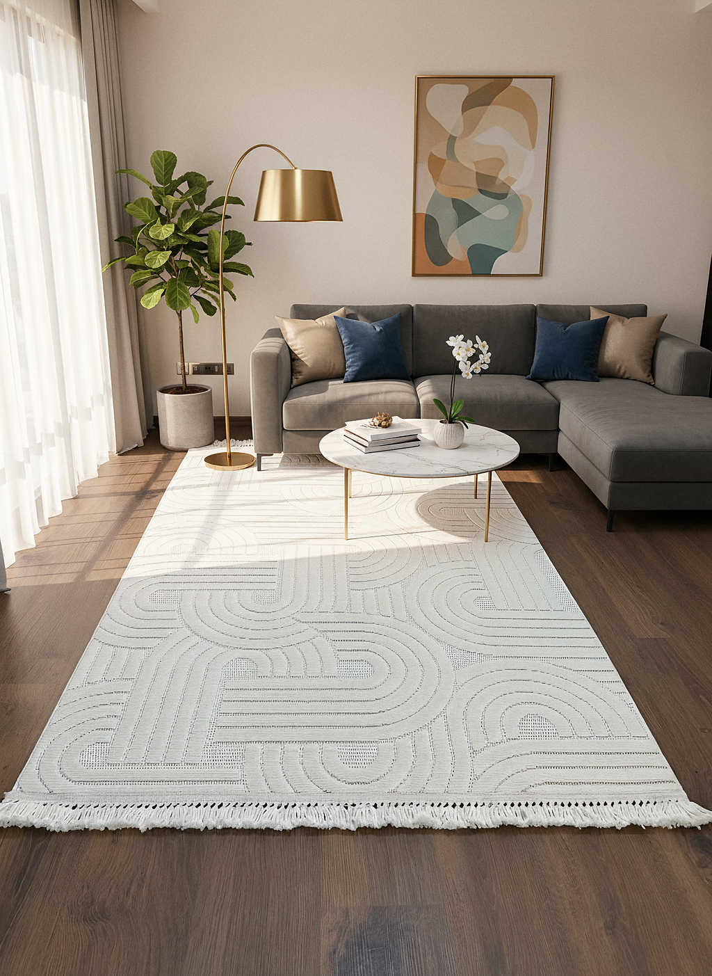 MİLAS C40-KREM Kabartmalı Modern Geometrik Desenli Salon Koridor Mutfak Halısı