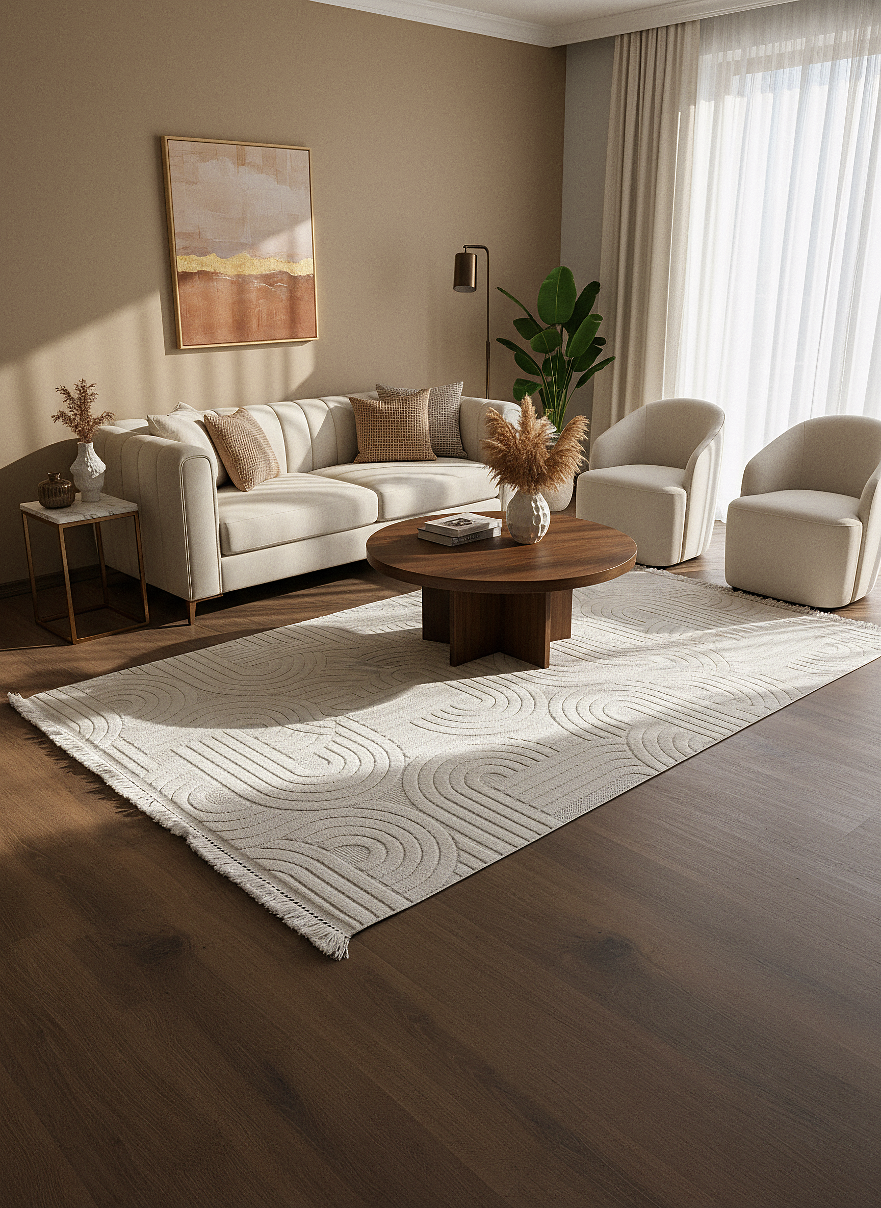 MİLAS C40-KREM Kabartmalı Modern Geometrik Desenli Salon Koridor Mutfak Halısı