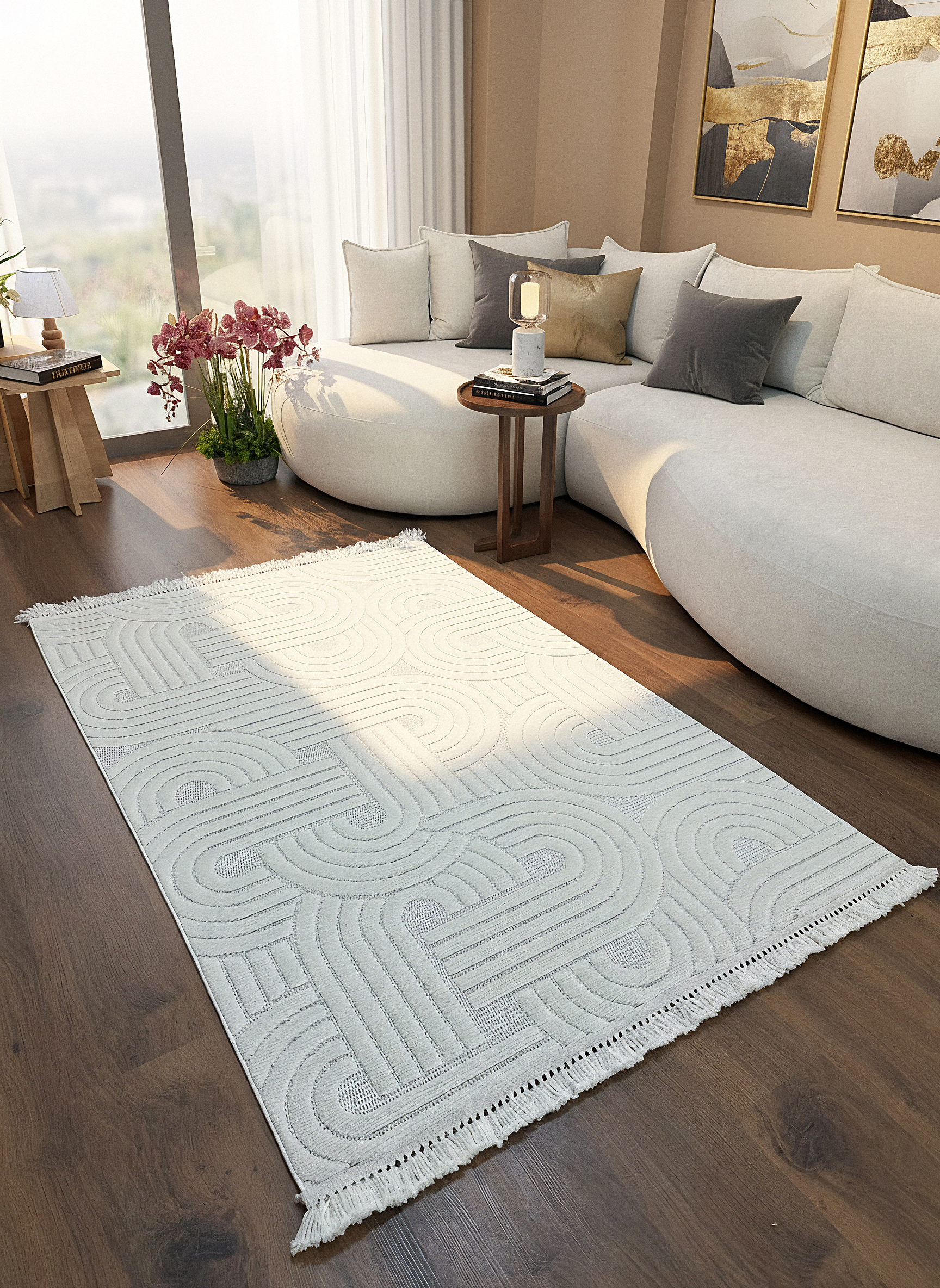 MİLAS C40-KREM Kabartmalı Modern Geometrik Desenli Salon Koridor Mutfak Halısı