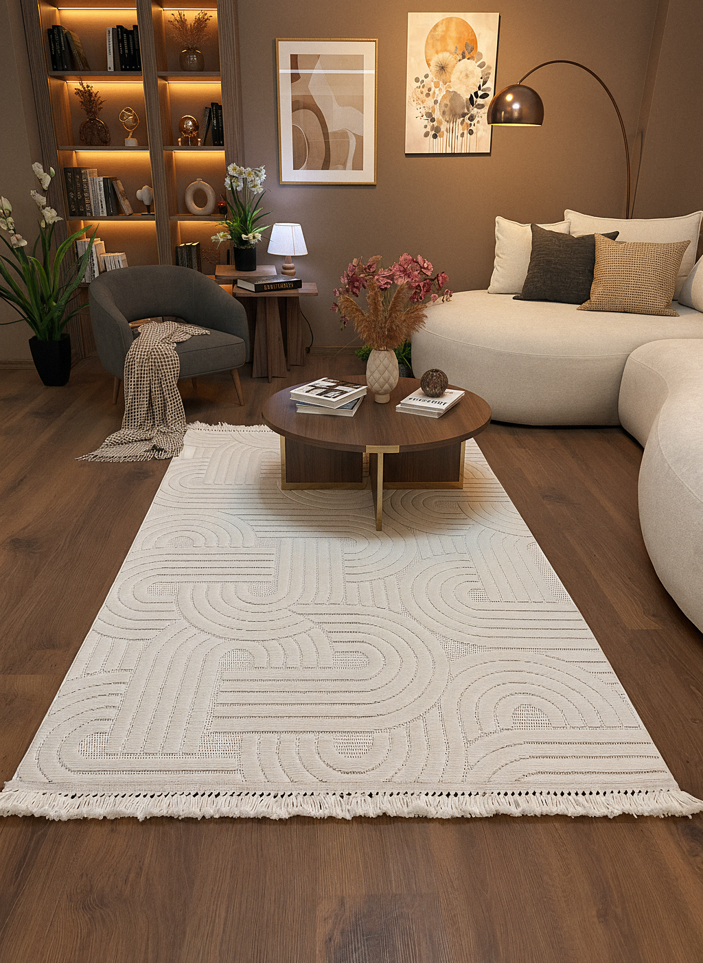 MİLAS C40-KREM Kabartmalı Modern Geometrik Desenli Salon Koridor Mutfak Halısı