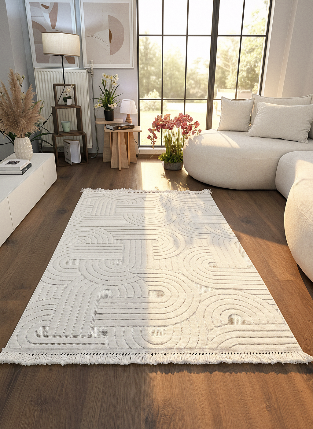 MİLAS C40-KREM Kabartmalı Modern Geometrik Desenli Salon Koridor Mutfak Halısı