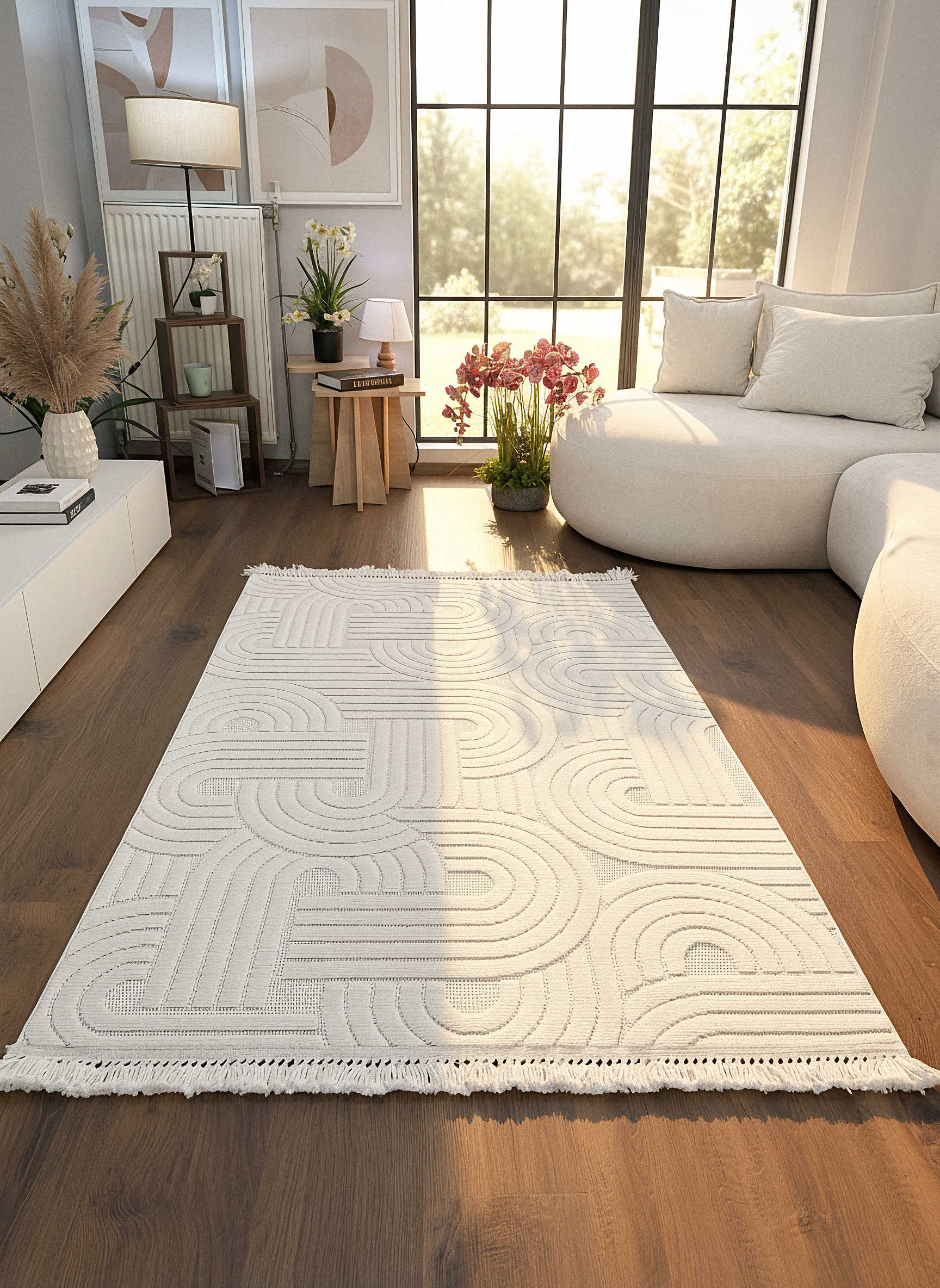 MİLAS C40-KREM Kabartmalı Modern Geometrik Desenli Salon Koridor Mutfak Halısı