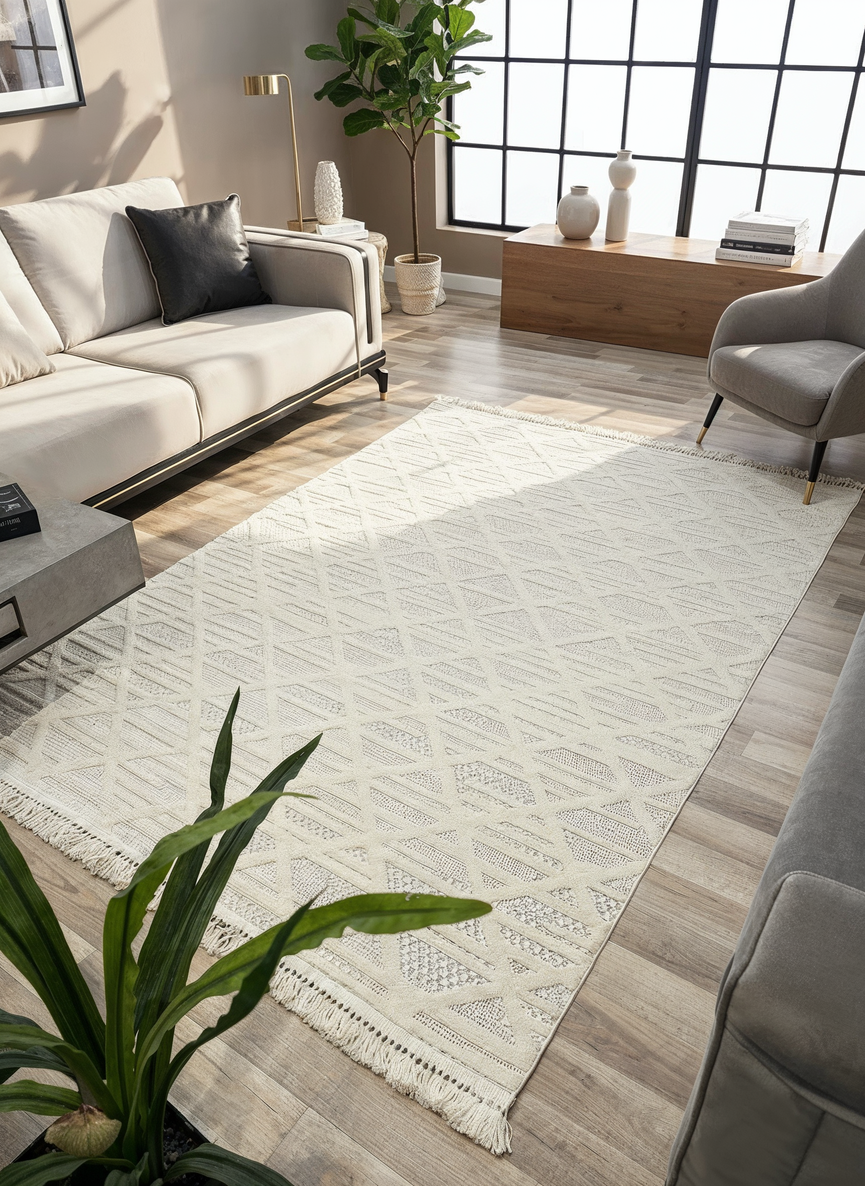 MİLAS C6-BEYAZ Kabartmalı Modern Geometrik Desenli Salon Koridor Mutfak Halısı