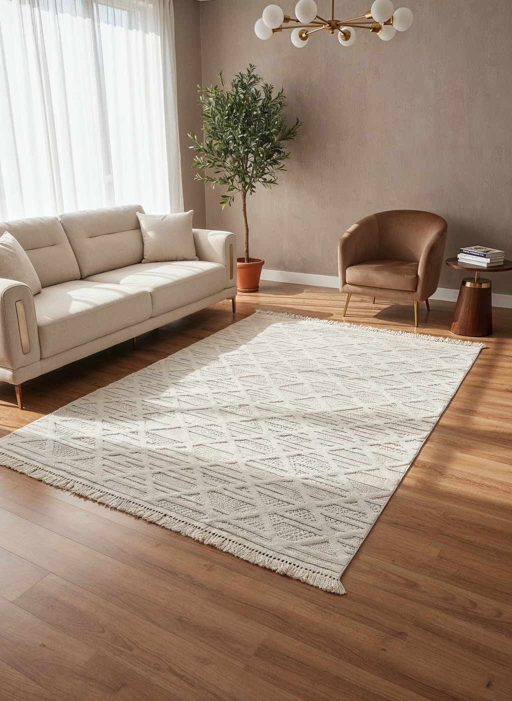 MİLAS C6-BEYAZ Kabartmalı Modern Geometrik Desenli Salon Koridor Mutfak Halısı