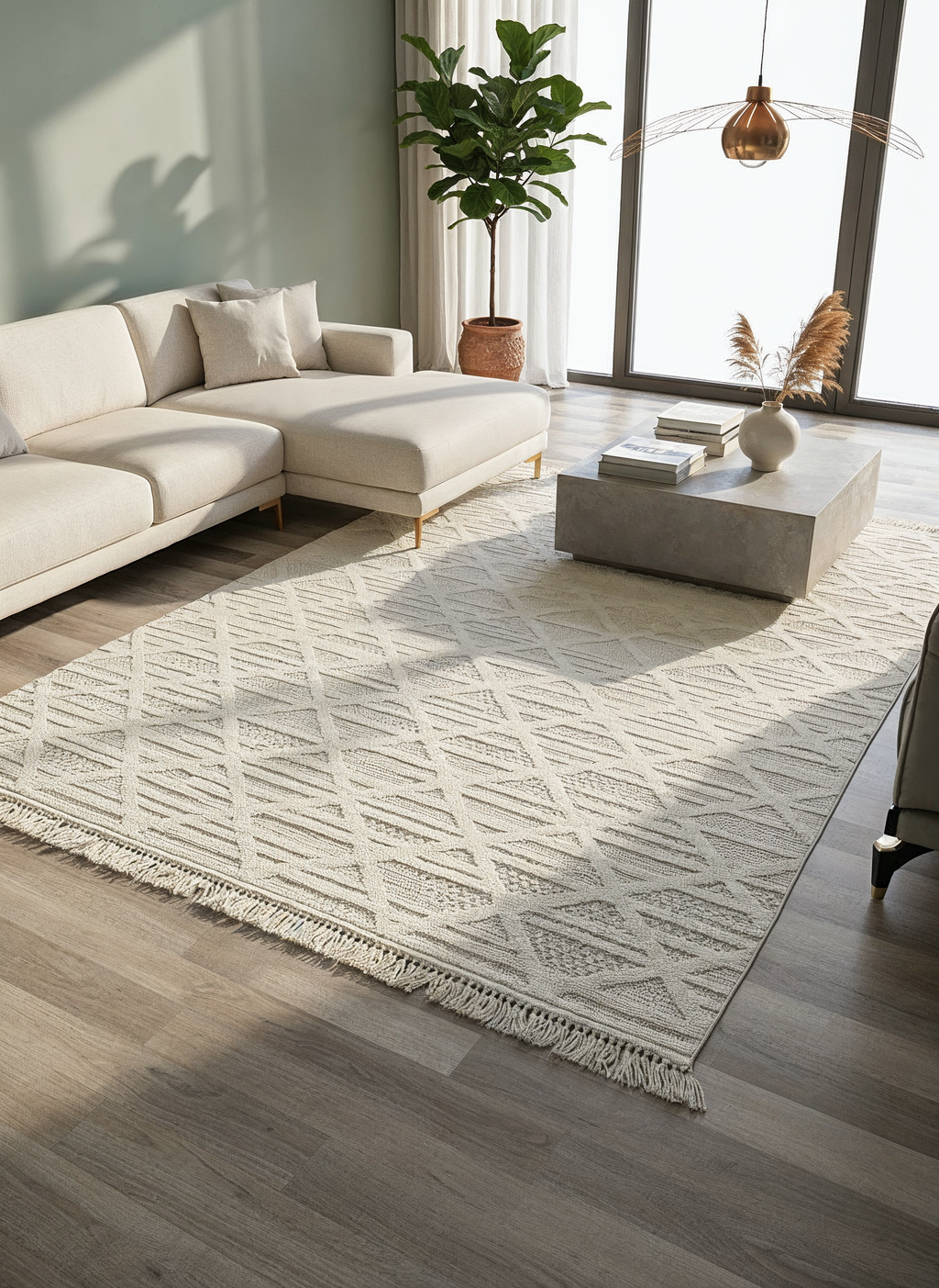 MİLAS C6-BEYAZ Kabartmalı Modern Geometrik Desenli Salon Koridor Mutfak Halısı