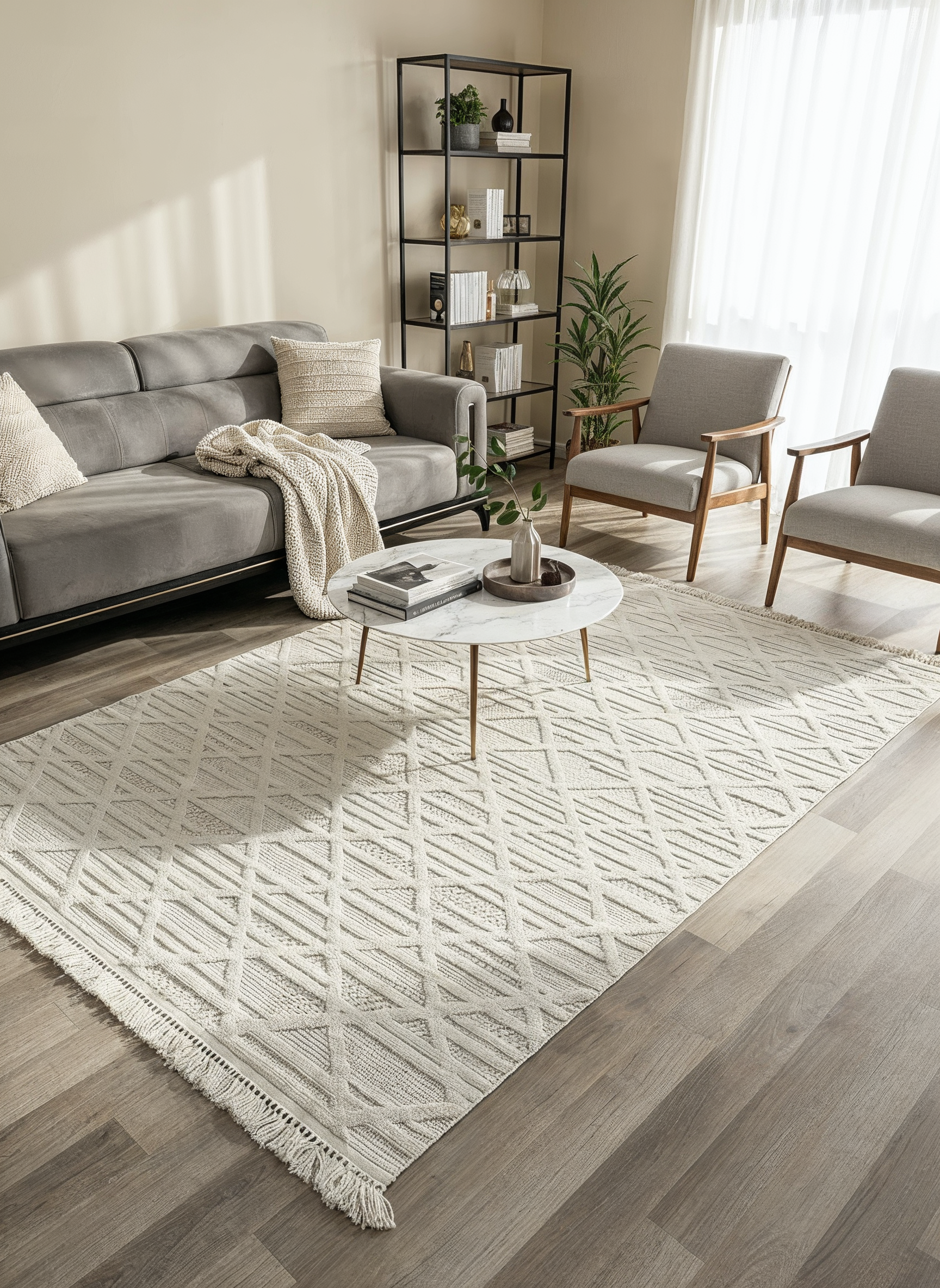 MİLAS C6-BEYAZ Kabartmalı Modern Geometrik Desenli Salon Koridor Mutfak Halısı