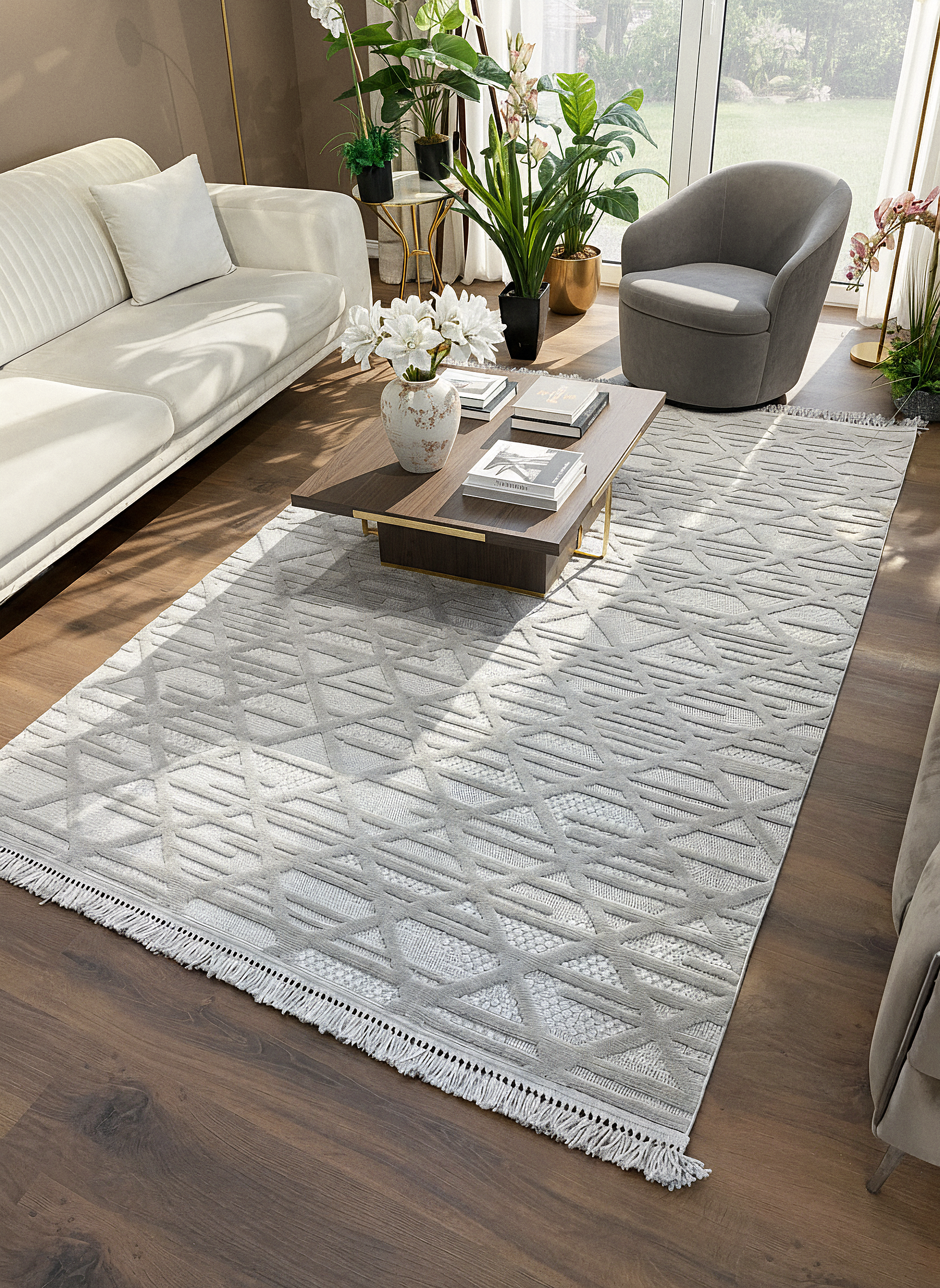 MİLAS C7-GRİ Kabartmalı Modern Geometrik Desenli Salon Koridor Mutfak Halısı