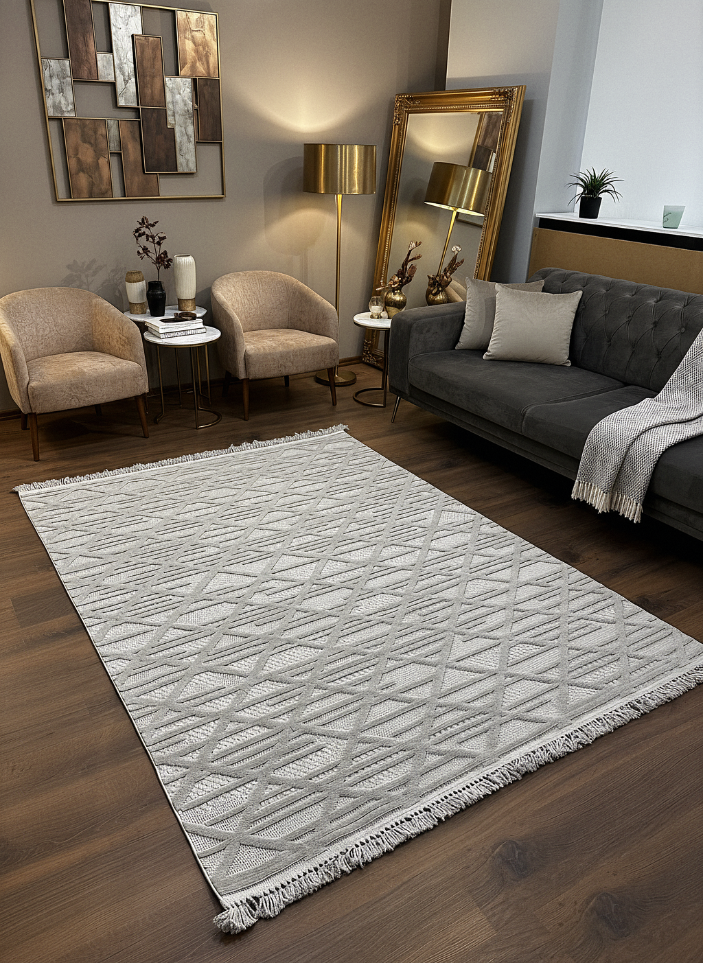 MİLAS C7-GRİ Kabartmalı Modern Geometrik Desenli Salon Koridor Mutfak Halısı