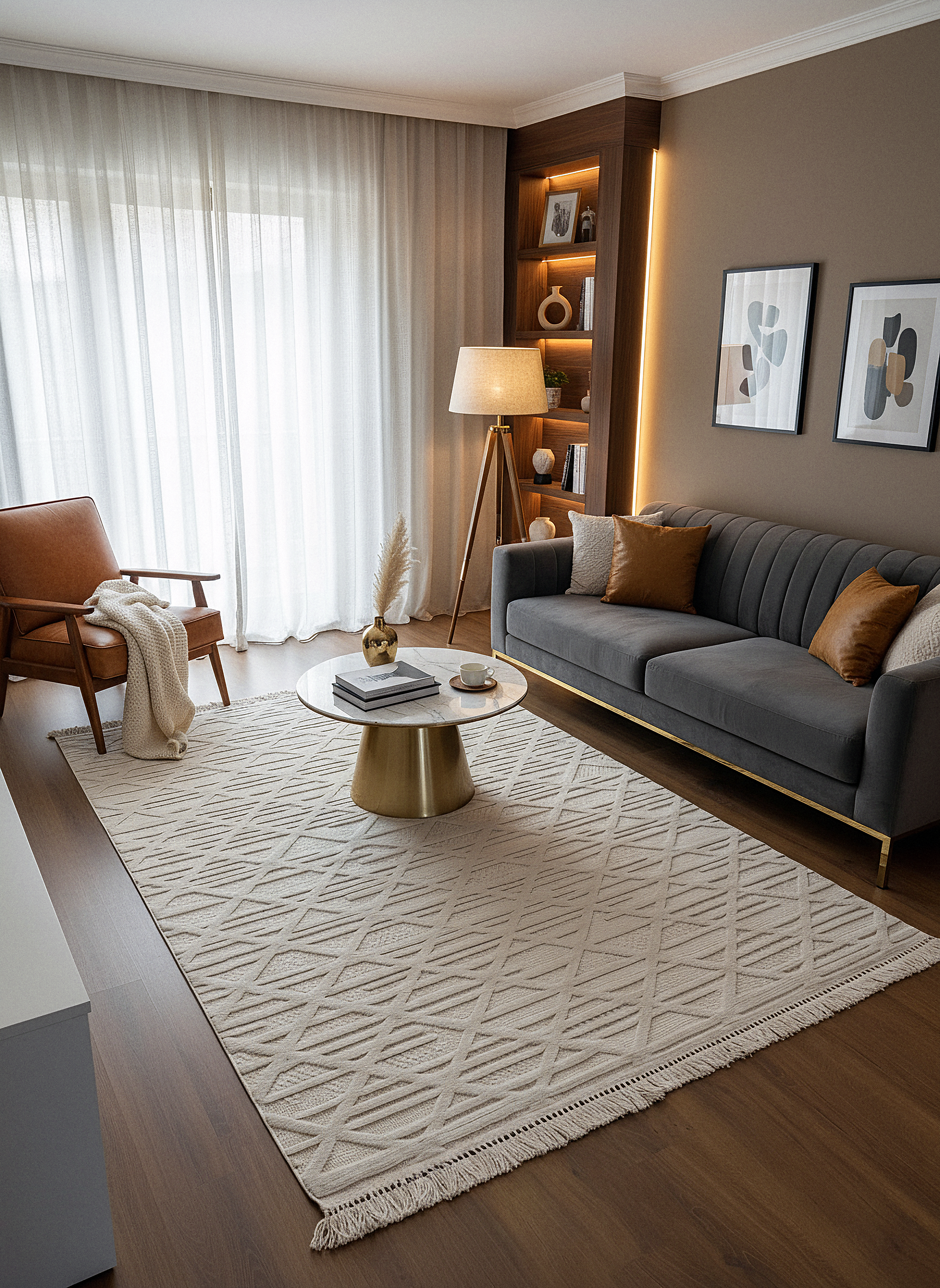 MİLAS C8-BEJ Kabartmalı Modern Geometrik Desenli Salon Koridor Mutfak Halısı