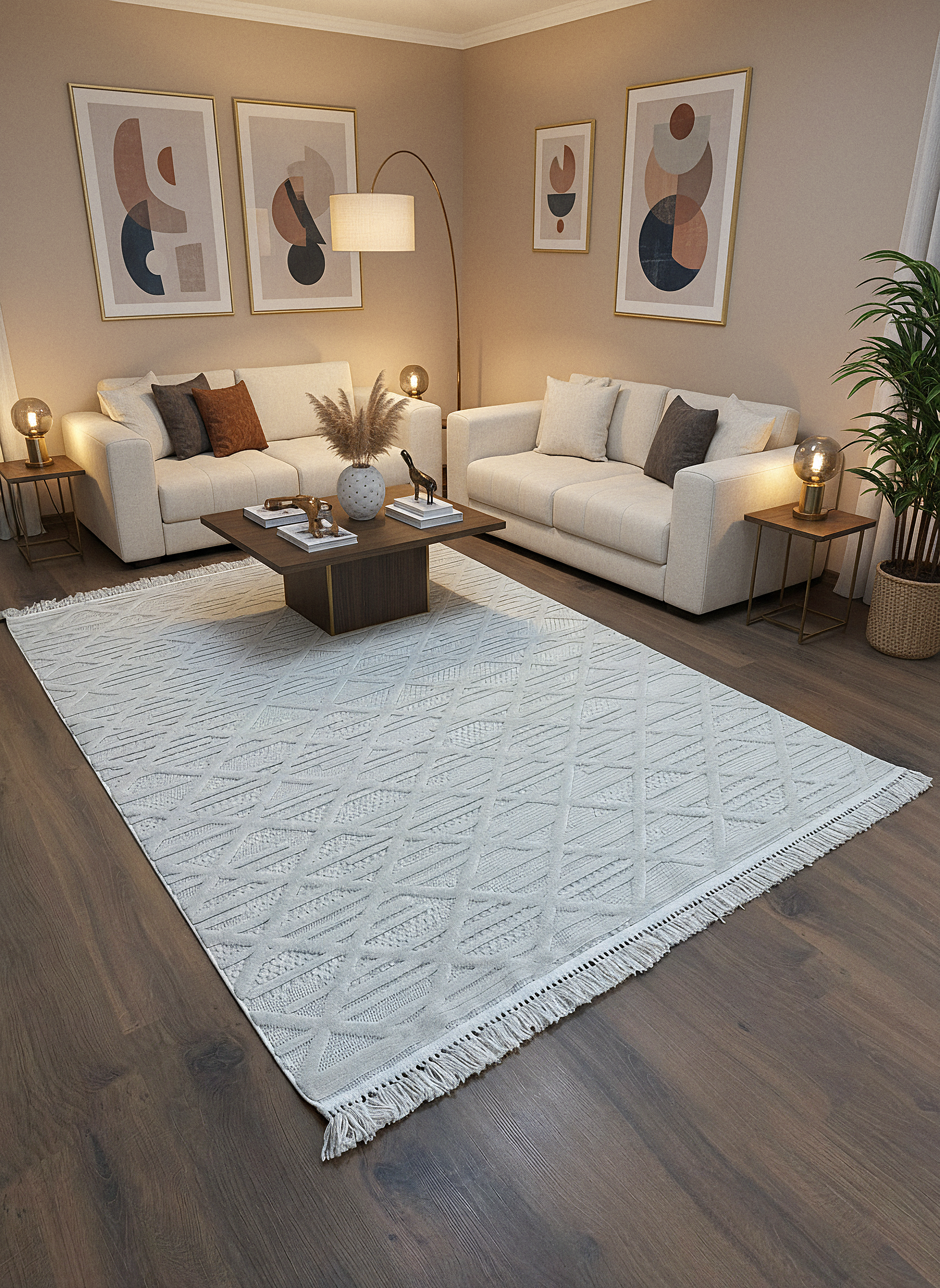 MİLAS C8-BEJ Kabartmalı Modern Geometrik Desenli Salon Koridor Mutfak Halısı