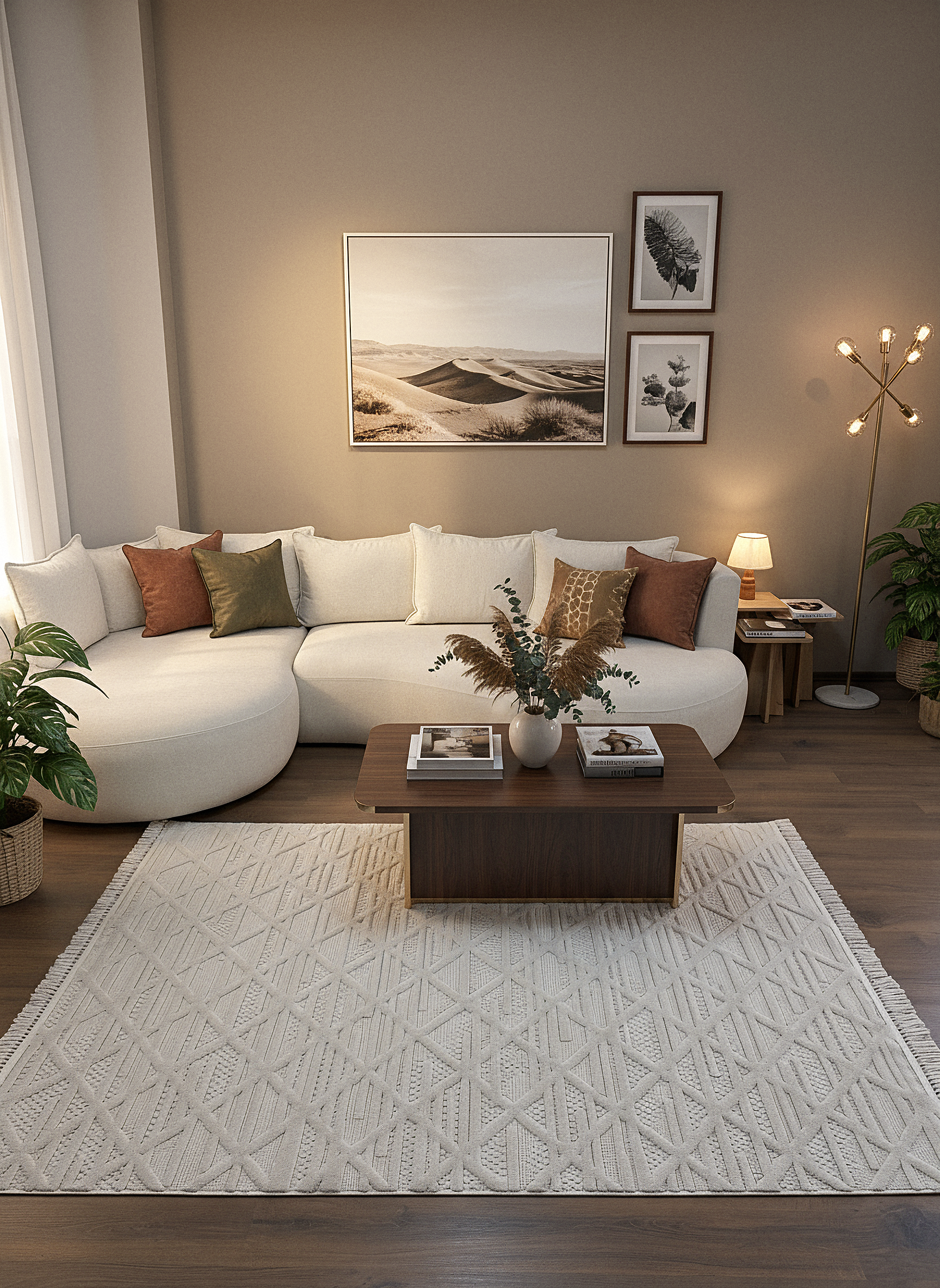 MİLAS C8-BEJ Kabartmalı Modern Geometrik Desenli Salon Koridor Mutfak Halısı