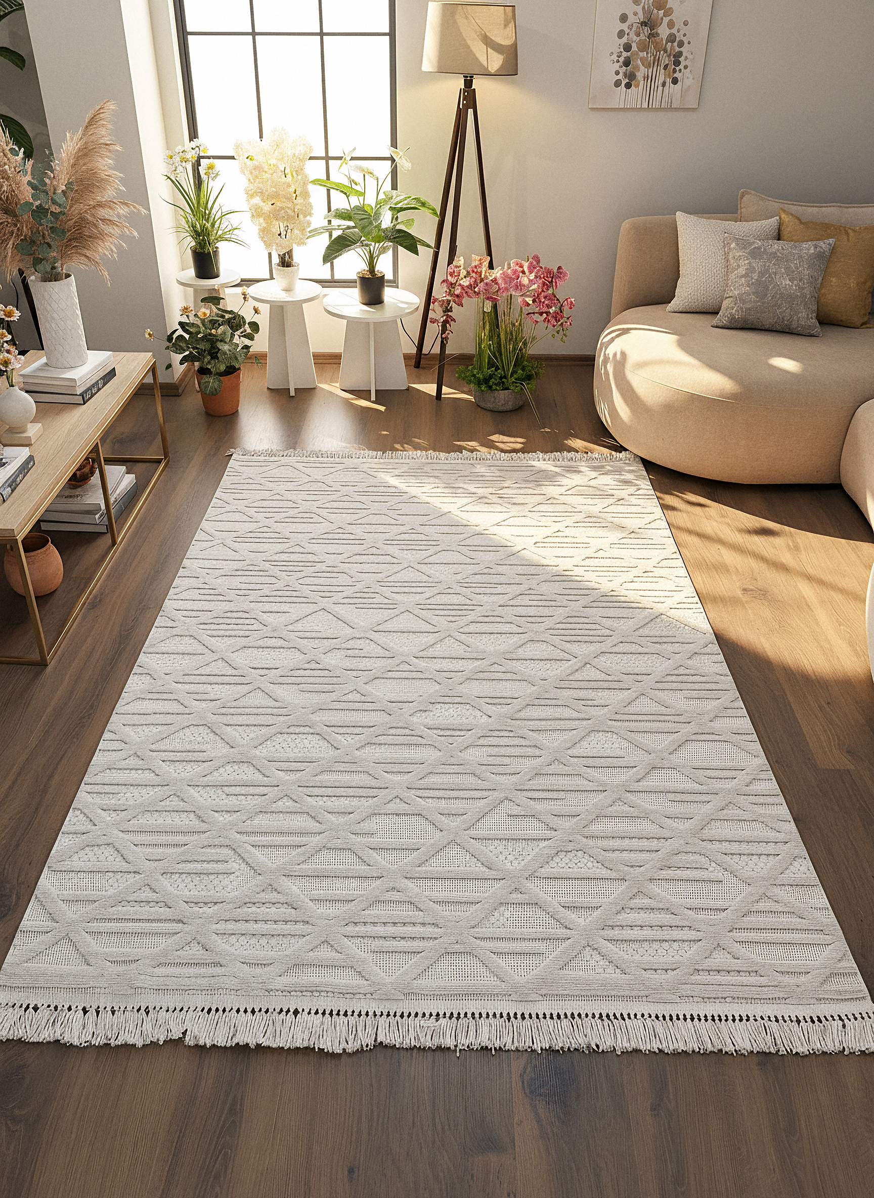 MİLAS C8-BEJ Kabartmalı Modern Geometrik Desenli Salon Koridor Mutfak Halısı