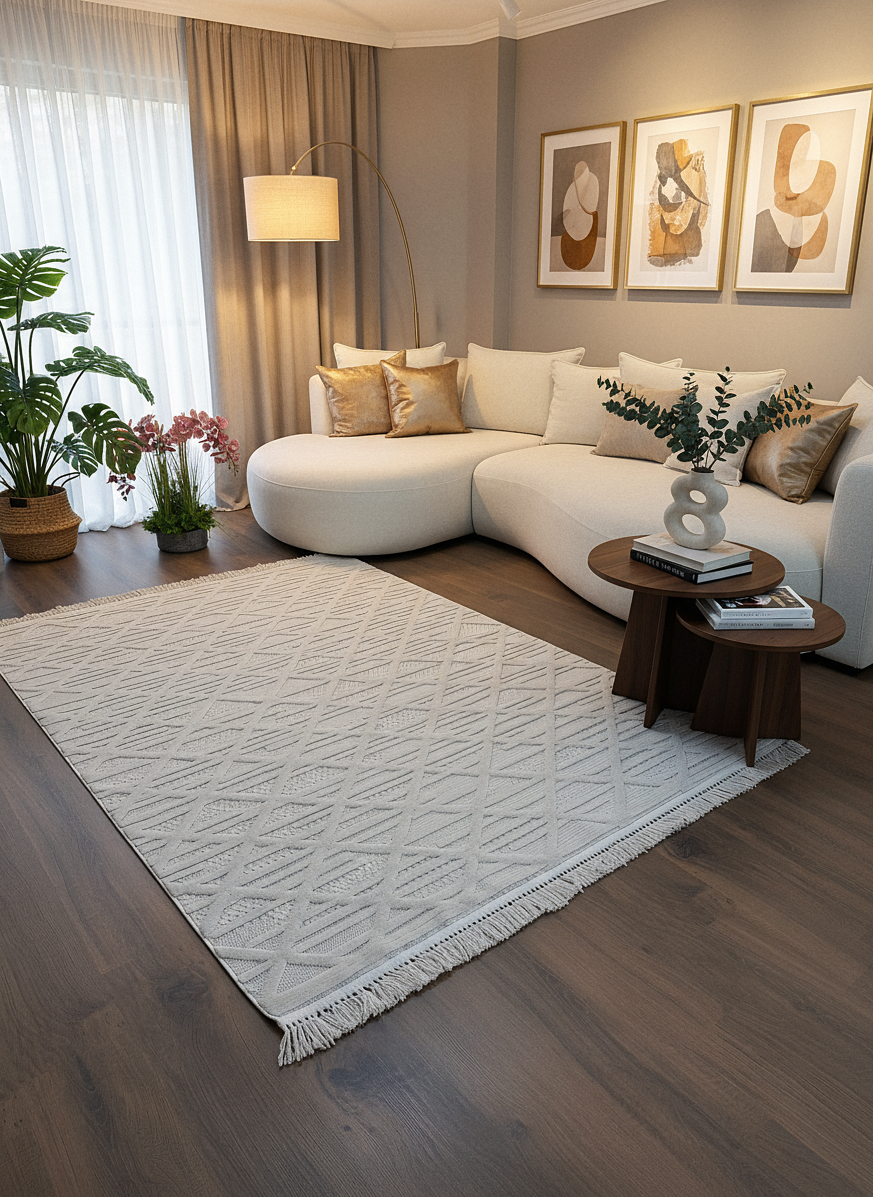 MİLAS C8-BEJ Kabartmalı Modern Geometrik Desenli Salon Koridor Mutfak Halısı