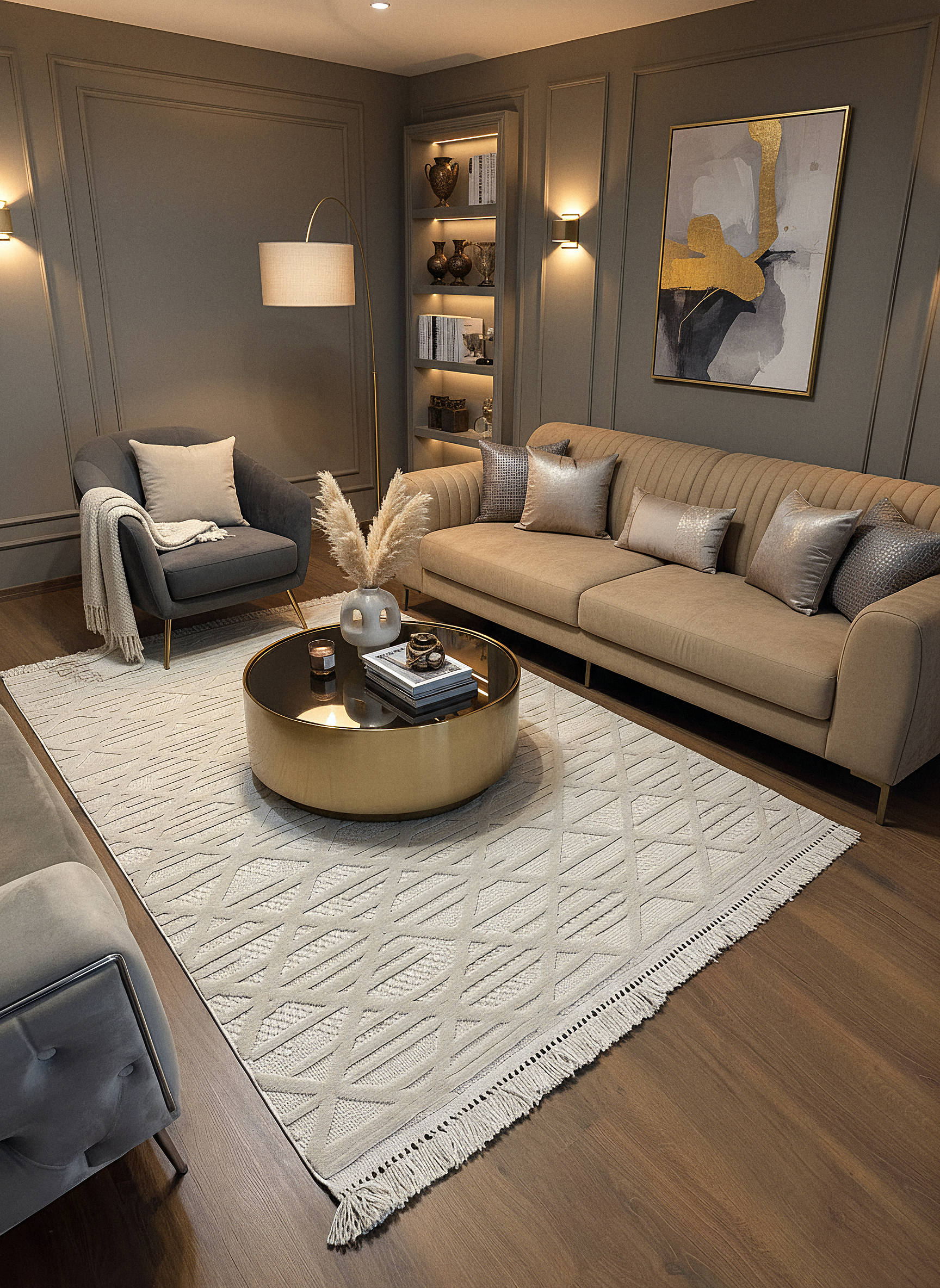 MİLAS C8-BEJ Kabartmalı Modern Geometrik Desenli Salon Koridor Mutfak Halısı