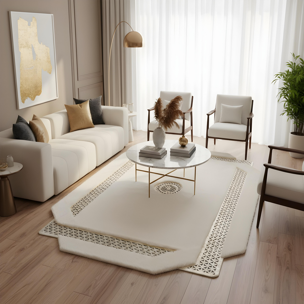 Royal Serisi Nadide - El İşçiliği ile Tavşan Post ve Varaklı Deri Dekoratif Halı