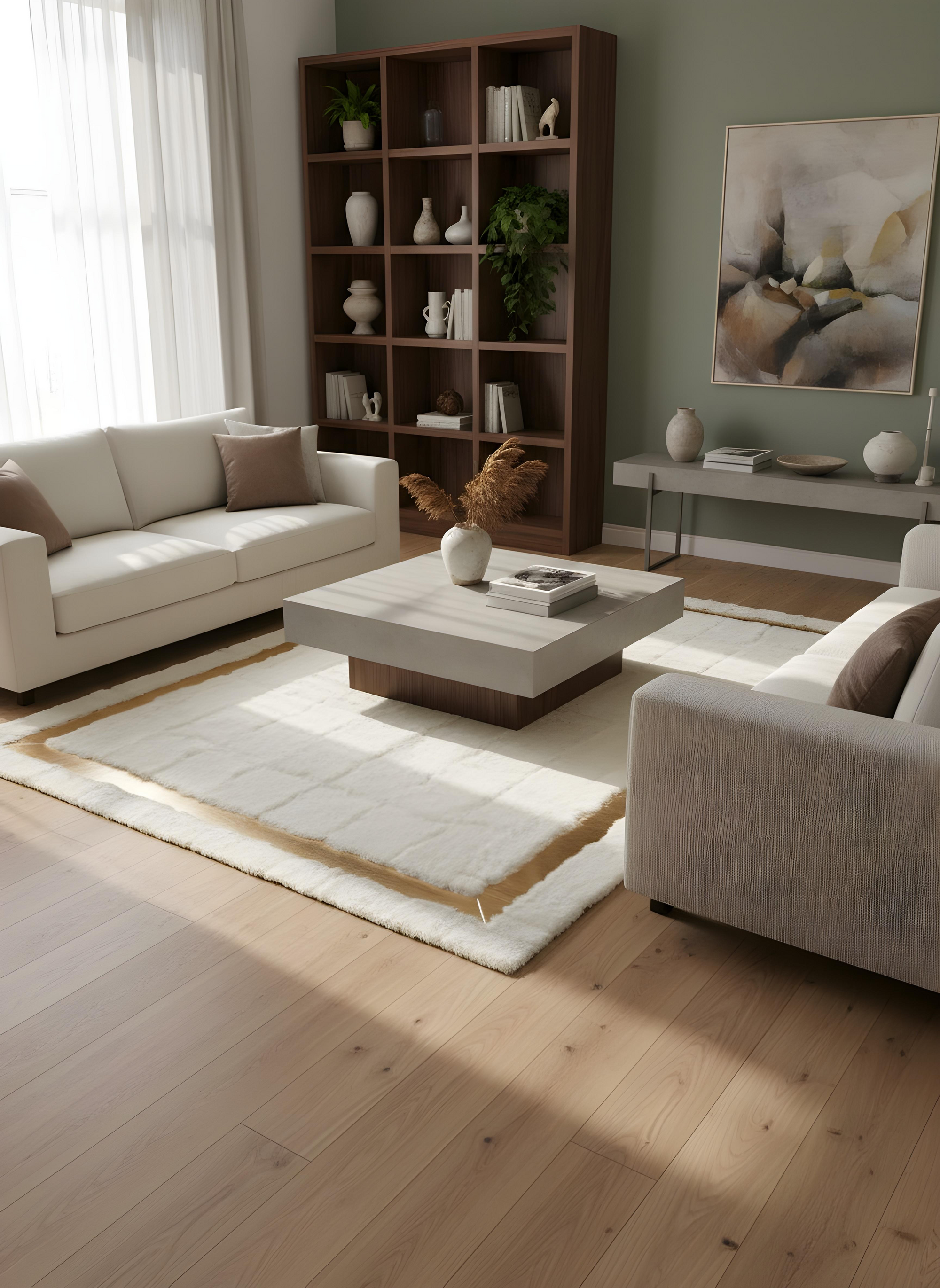 Royal Serisi Olivin - El İşçiliği ile Tavşan Post ve Varaklı Deri Dekoratif Halı