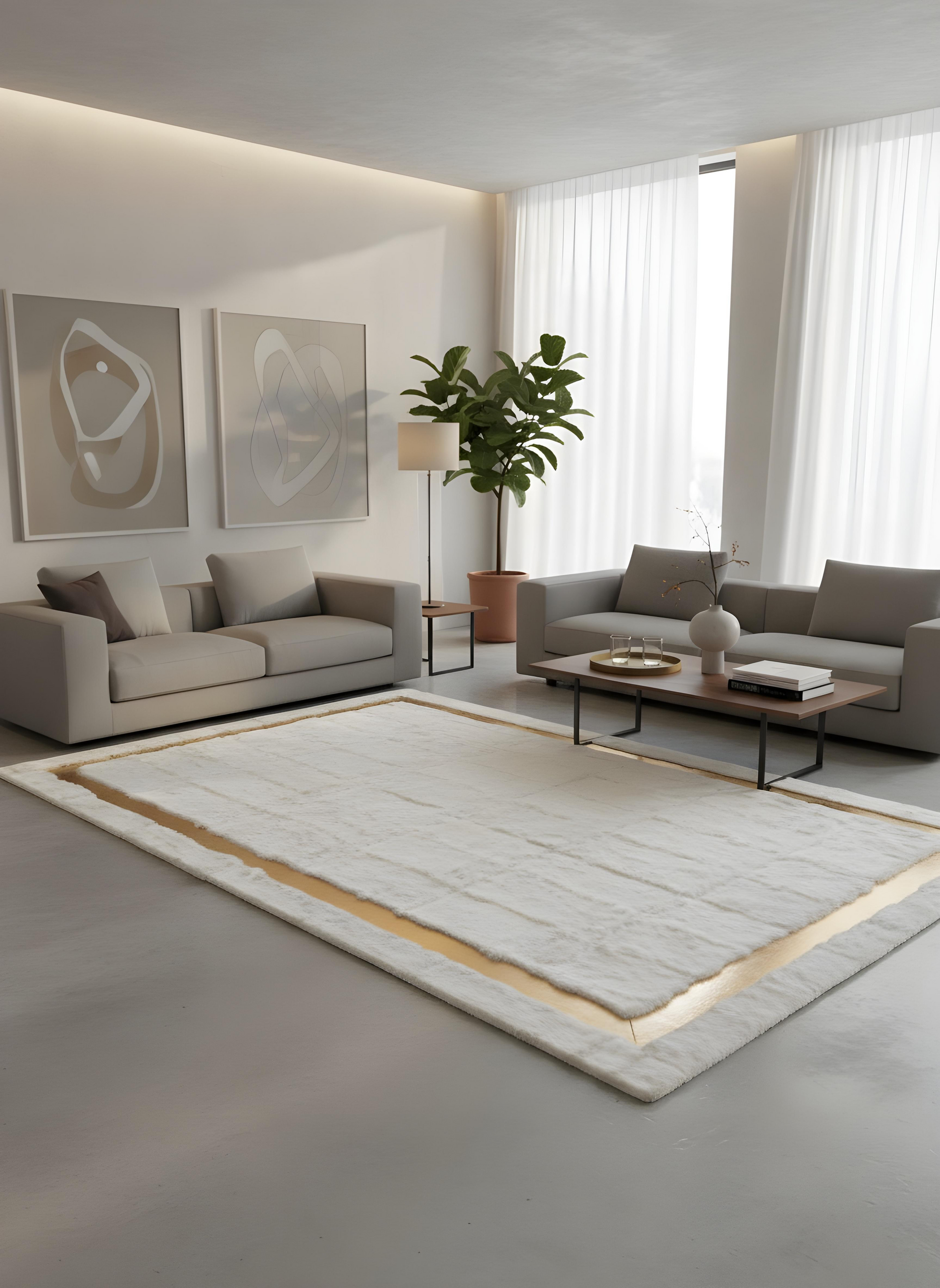 Royal Serisi Olivin - El İşçiliği ile Tavşan Post ve Varaklı Deri Dekoratif Halı