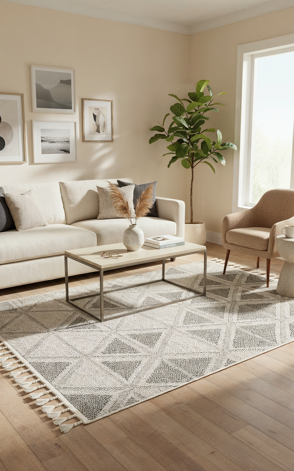 OSLO 5003-T GRİ/KREM Yumuşak Bukle (Loop) Dokuma Geometrik Desenli Salon Mutfak Koridor Halısı