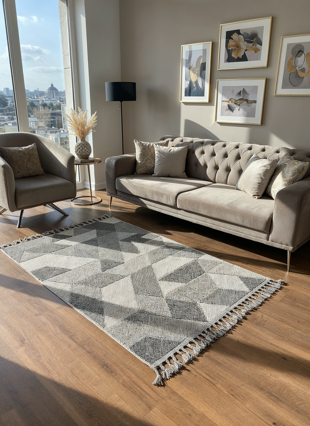 OSLO 5007-T GRİ/PUSLU MAVİ Yumuşak Bukle (Loop) Dokuma Geometrik Desenli Salon Mutfak Koridor Halısı