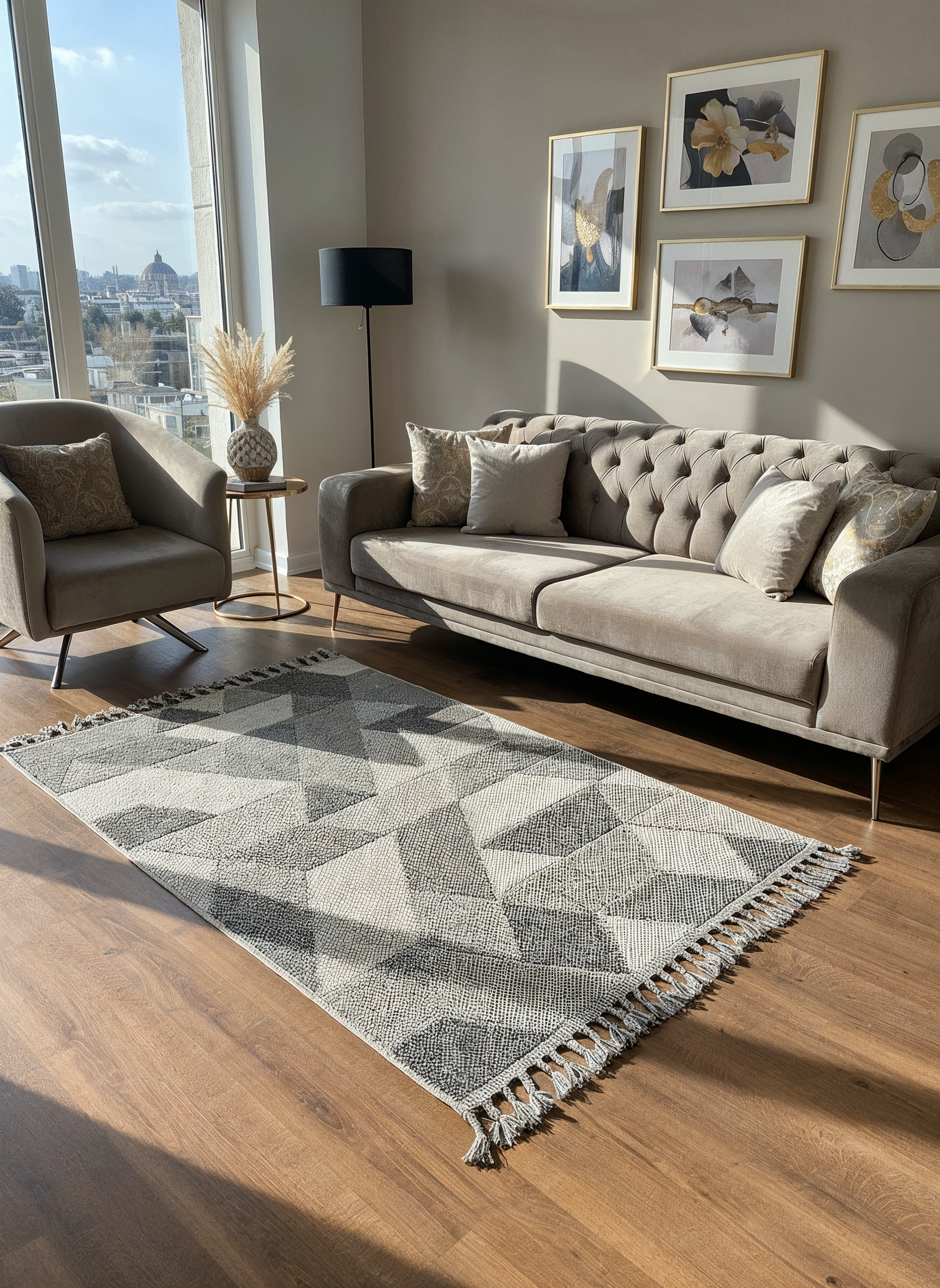 OSLO 5007-T GRİ/PUSLU MAVİ Yumuşak Bukle (Loop) Dokuma Geometrik Desenli Salon Mutfak Koridor Halısı