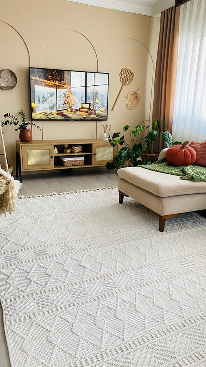 OSLO 5019-T KREM Yumuşak Bukle (Loop)  Geometrik Desenli Salon HalısI