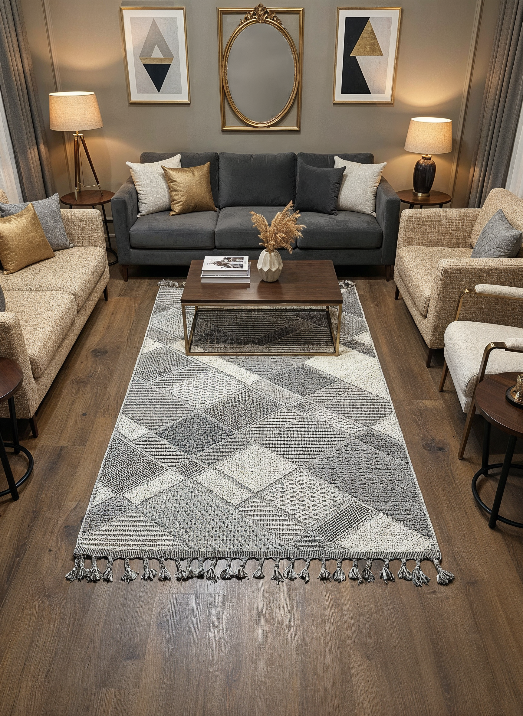 OSLO T-01 GRİ Yumuşak Bukle (Loop) Dokuma Geometrik Desenli Salon Mutfak Koridor Halısı