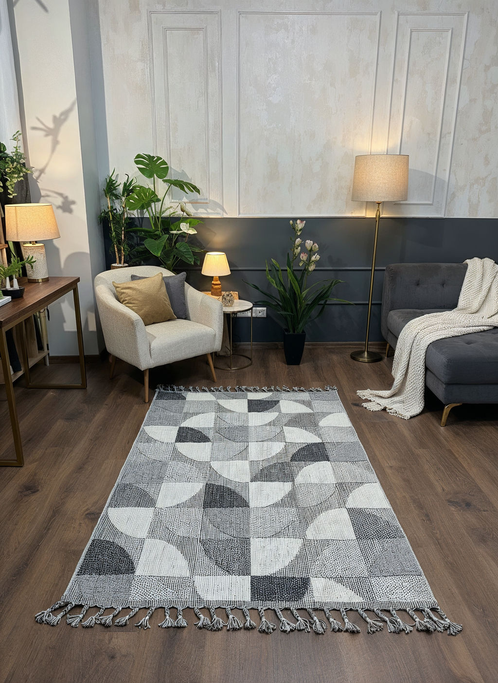 OSLO T-02 GRİ/BEYAZ Yumuşak Bukle (Loop) Dokuma Geometrik Desenli Salon Mutfak Koridor Halısı