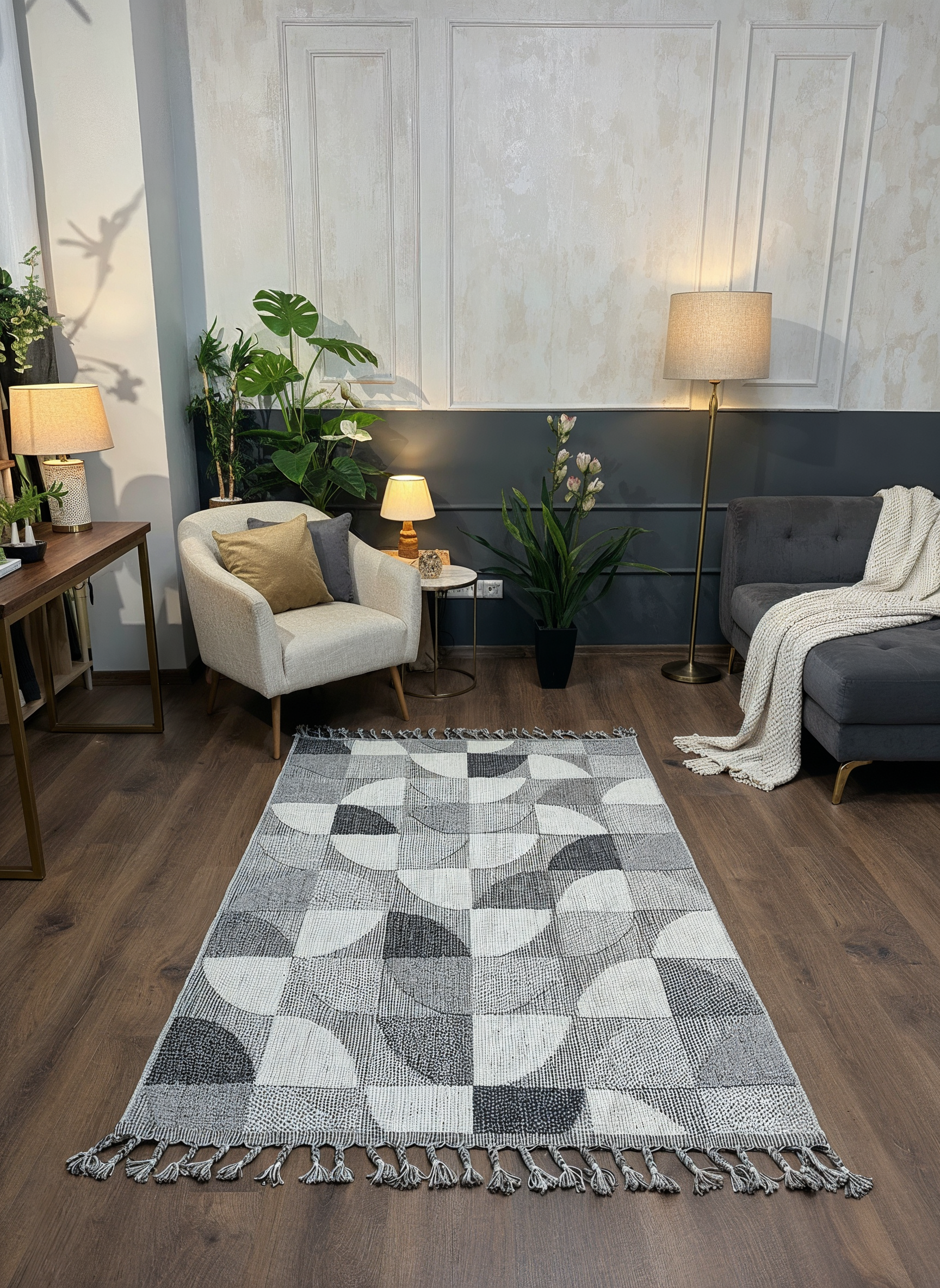 OSLO T-02 GRİ/BEYAZ Yumuşak Bukle (Loop) Dokuma Geometrik Desenli Salon Mutfak Koridor Halısı