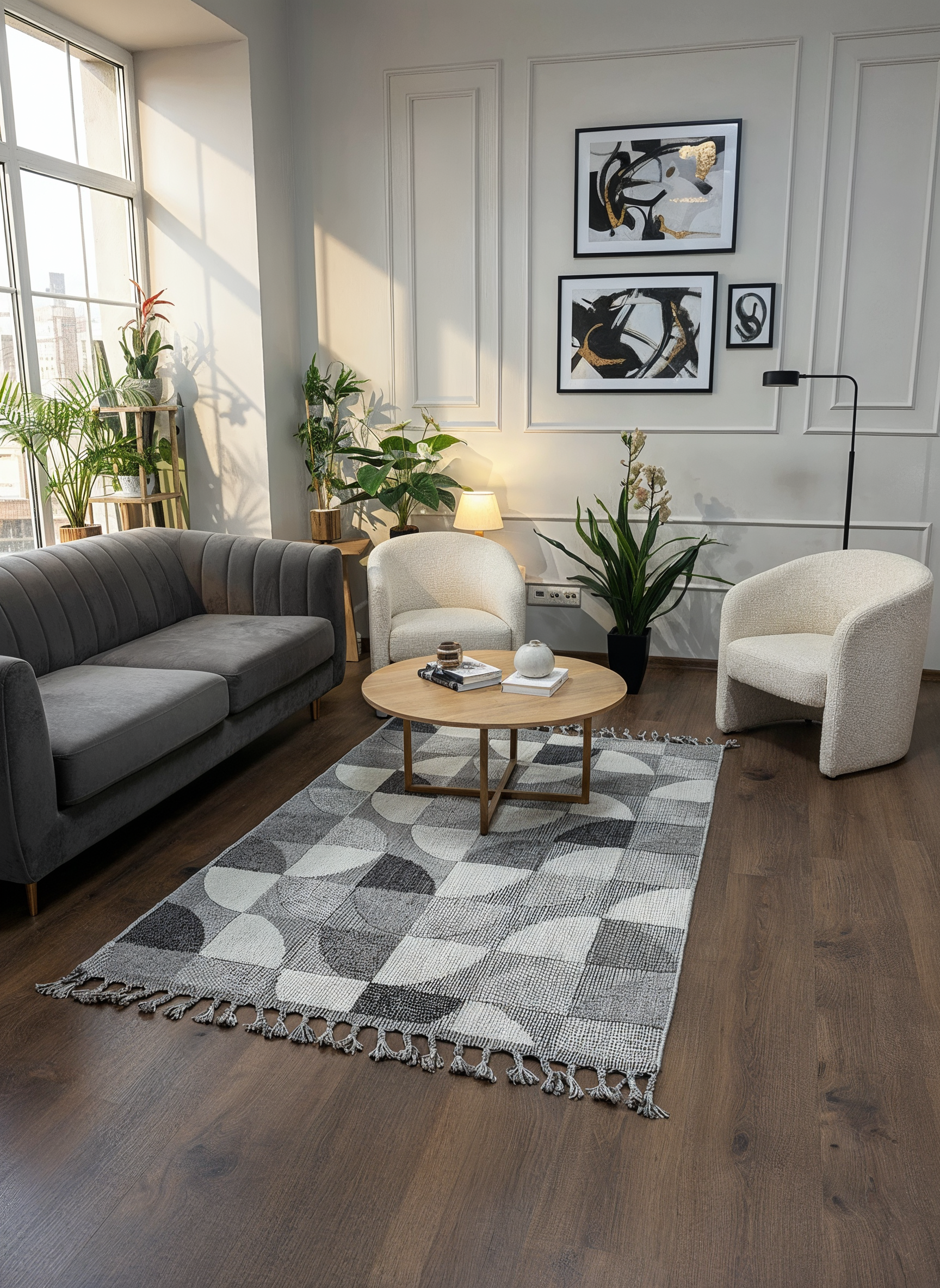 OSLO T-02 GRİ/BEYAZ Yumuşak Bukle (Loop) Dokuma Geometrik Desenli Salon Mutfak Koridor Halısı