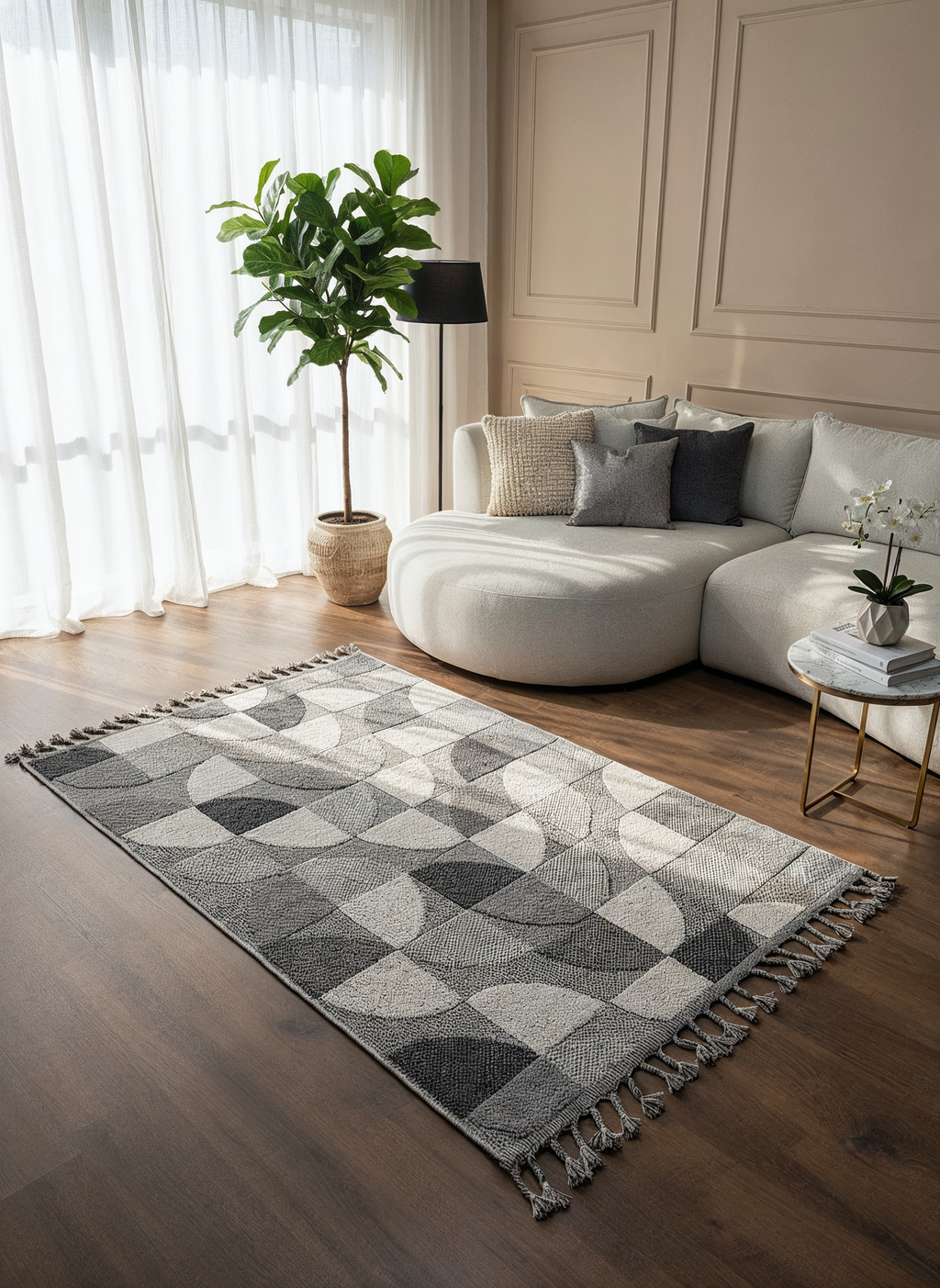 OSLO T-02 GRİ/BEYAZ Yumuşak Bukle (Loop) Dokuma Geometrik Desenli Salon Mutfak Koridor Halısı