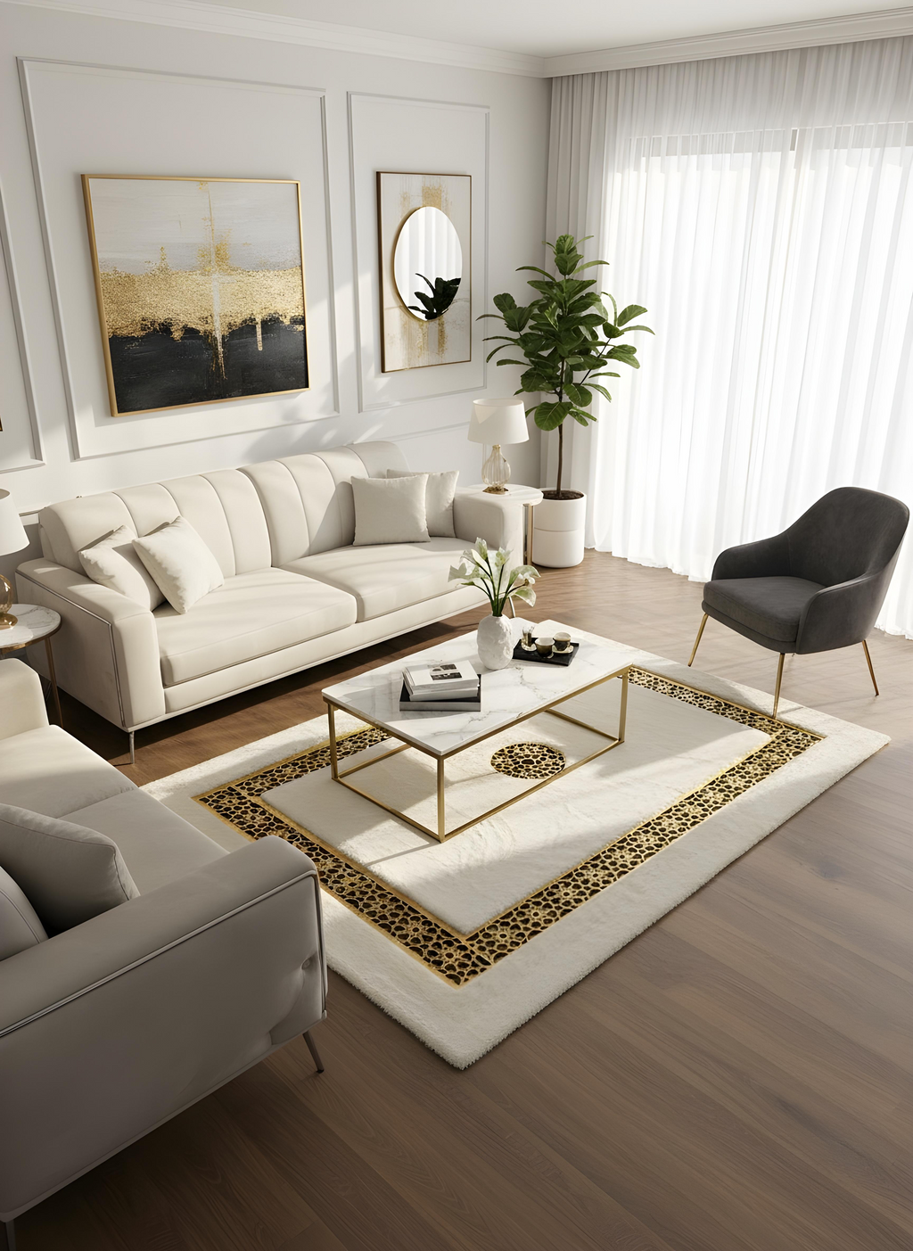 Royal Serisi Pırlanta - El İşçiliği ile Tavşan Post ve Varaklı Deri Dekoratif Halı