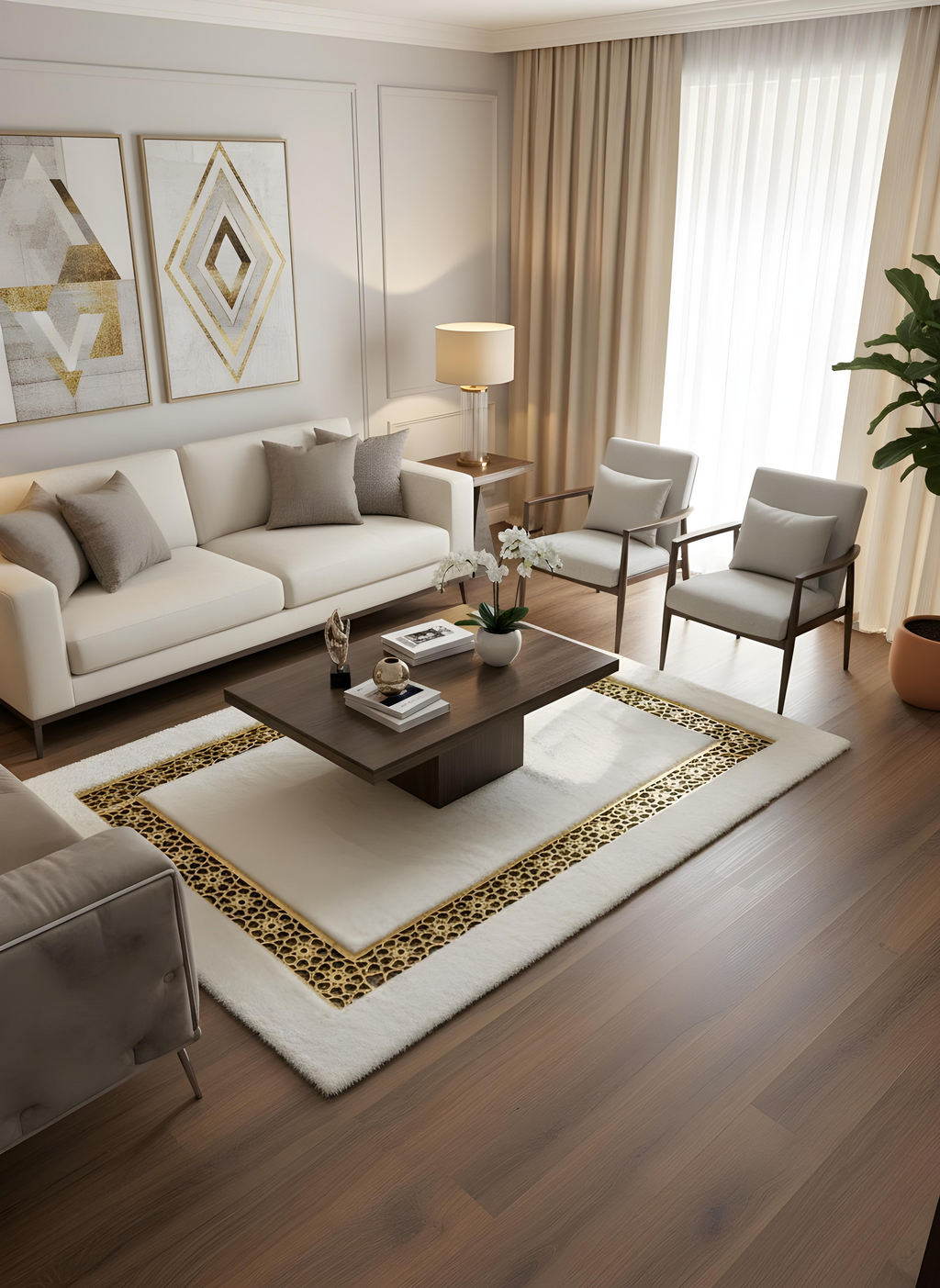 Royal Serisi Pırlanta - El İşçiliği ile Tavşan Post ve Varaklı Deri Dekoratif Halı