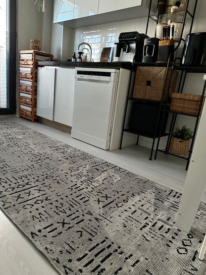 ŞÖNİL FİGÜR Kaymaz Taban İskandinav Desenli Salon Koridor Mutfak Şönil Kilim Dokuma Halı-GRİ