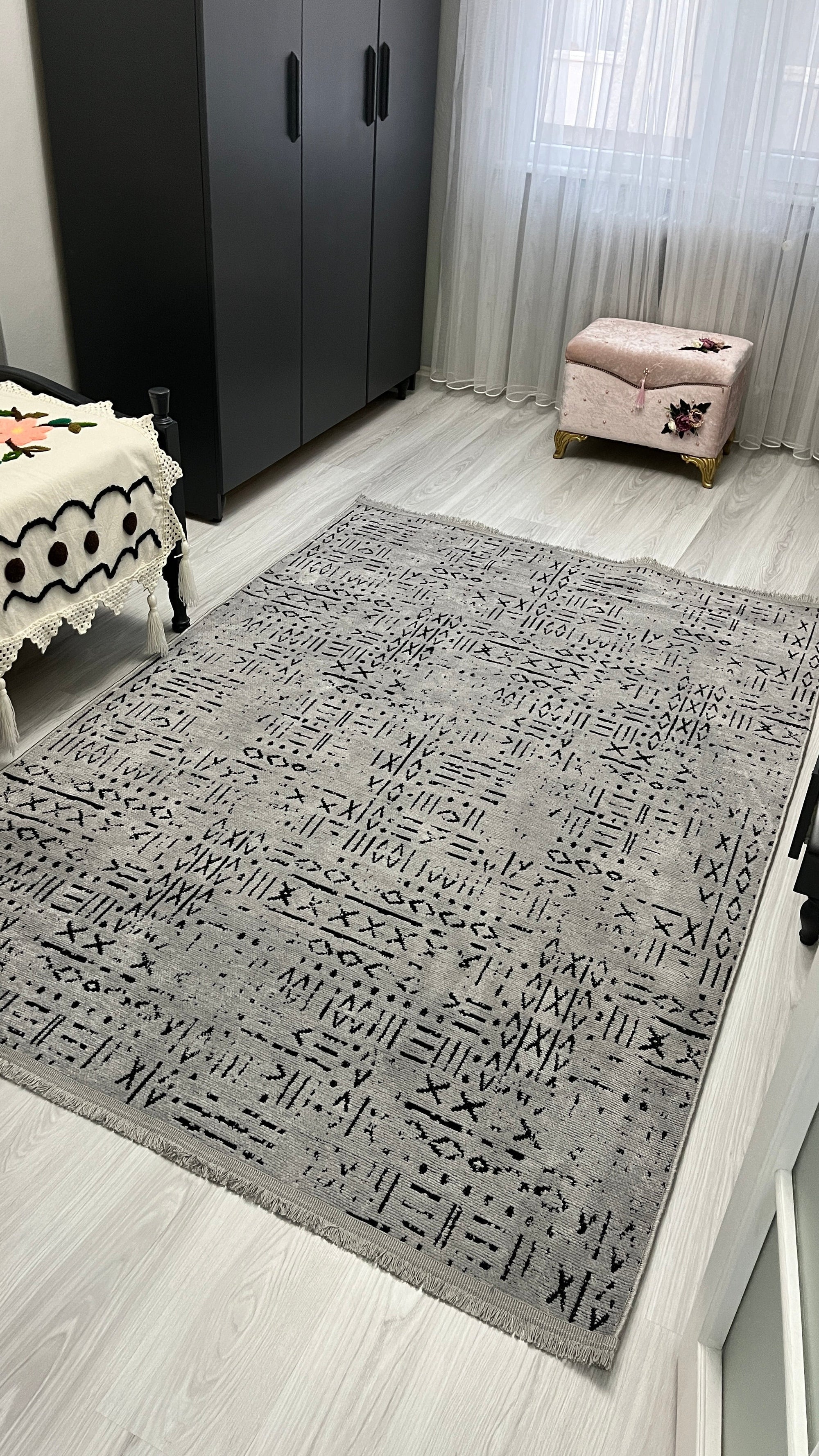 ŞÖNİL FİGÜR - GRİ Makinde Yıkanabilir İskandinav Desenli Salon Koridor Mutfak Şönil Dokuma Halı